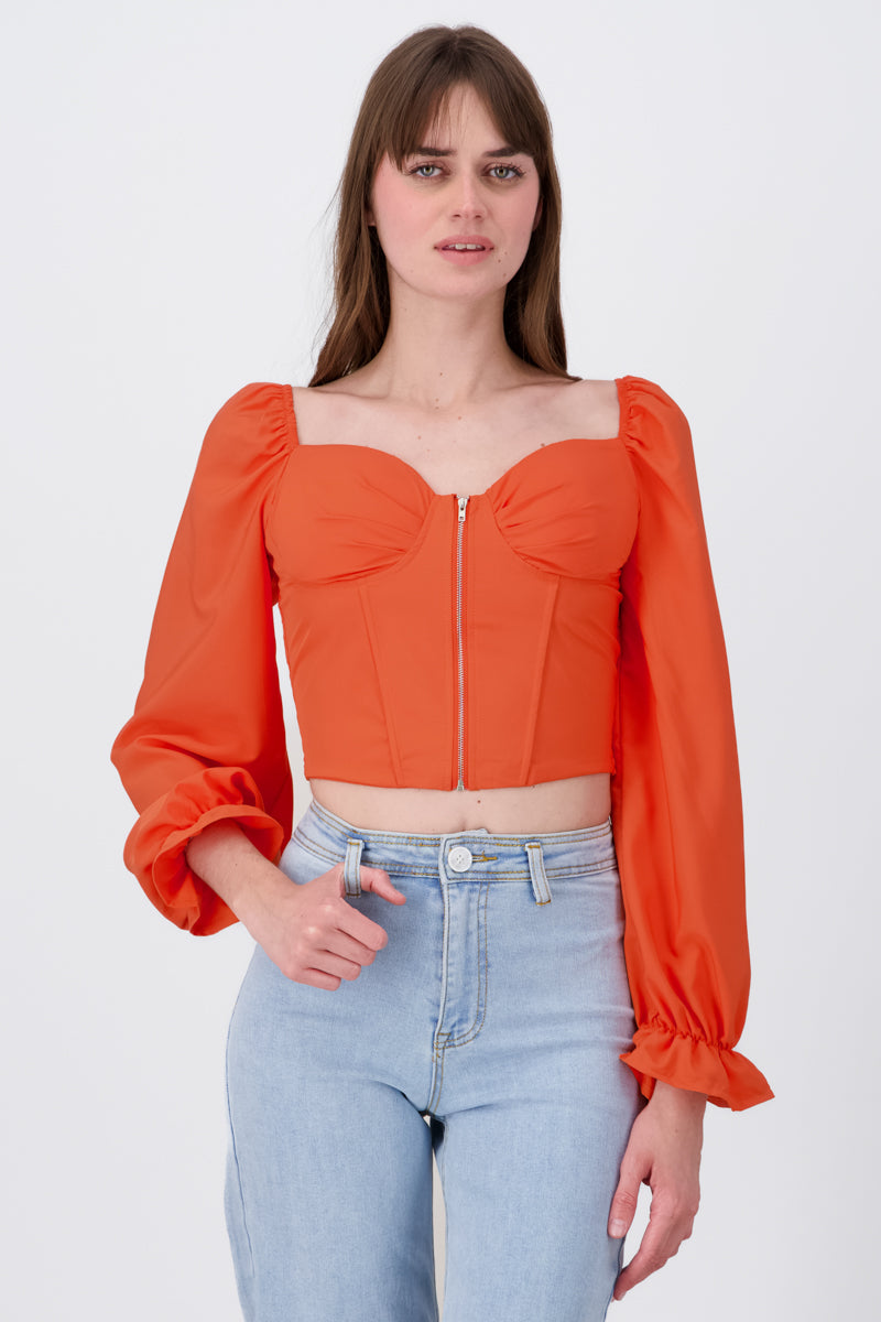 Top manga larga abullonada detalle copas NARANJA