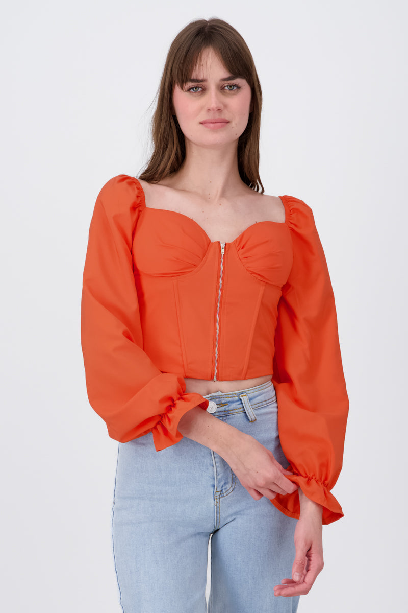 Top manga larga abullonada detalle copas NARANJA