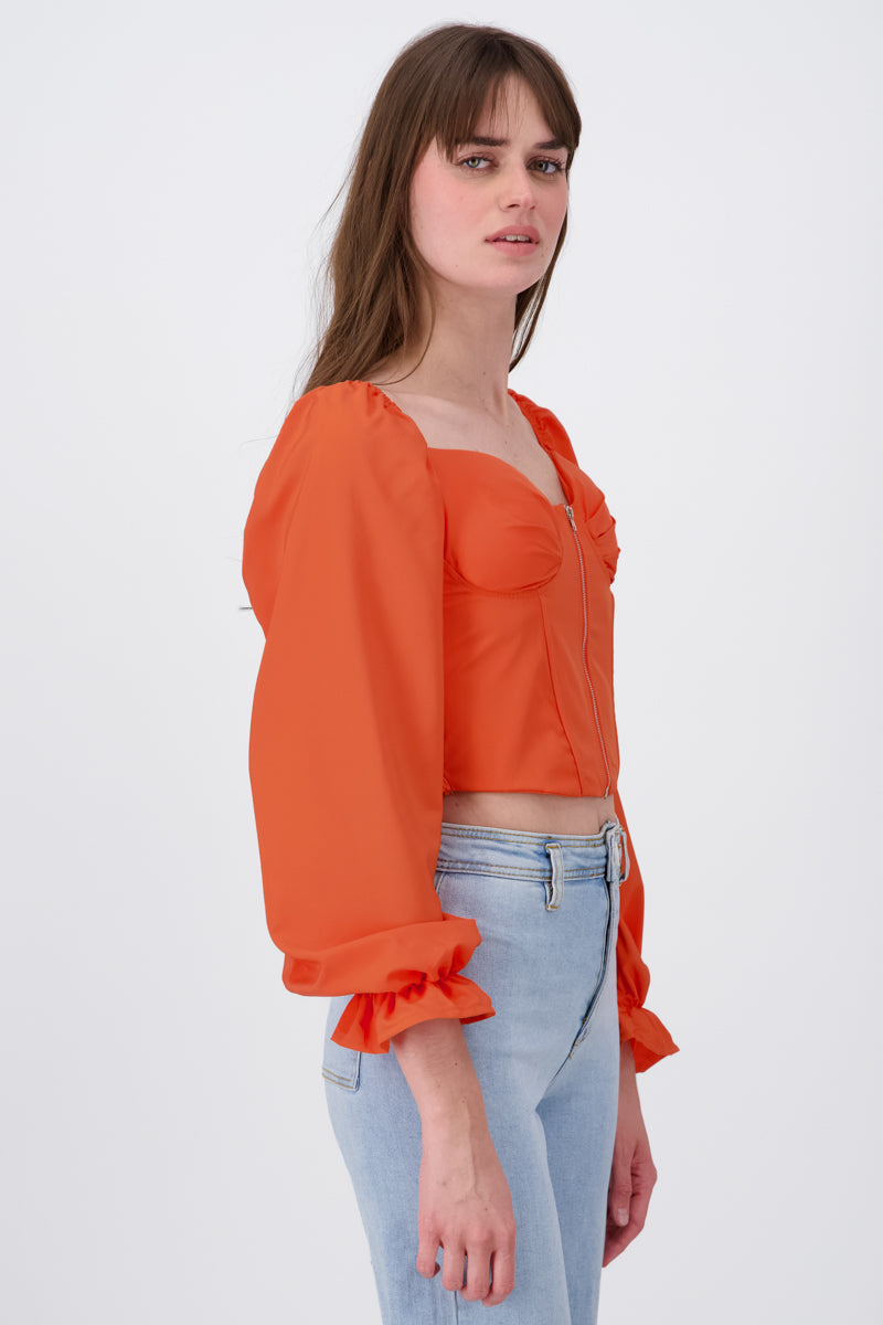 Top manga larga abullonada detalle copas NARANJA