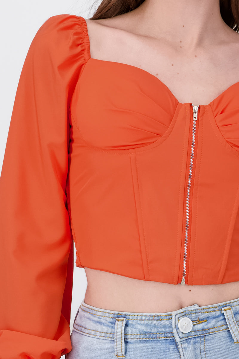 Top manga larga abullonada detalle copas NARANJA