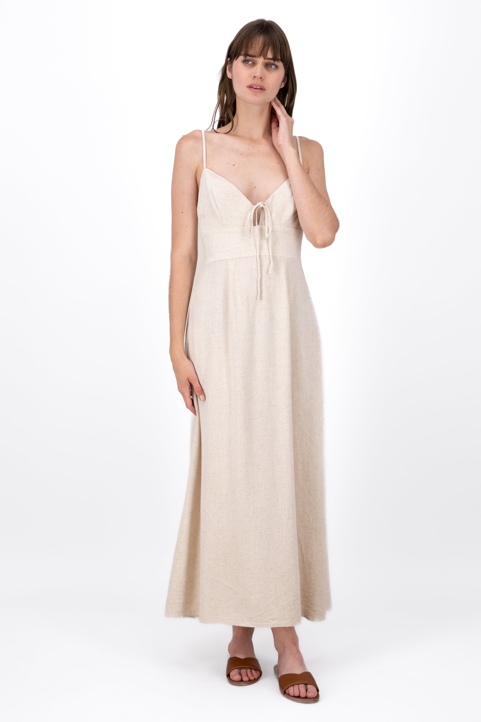 Vestido Maxi Lino Con Tirantes Delgados Hypsters BEIGE