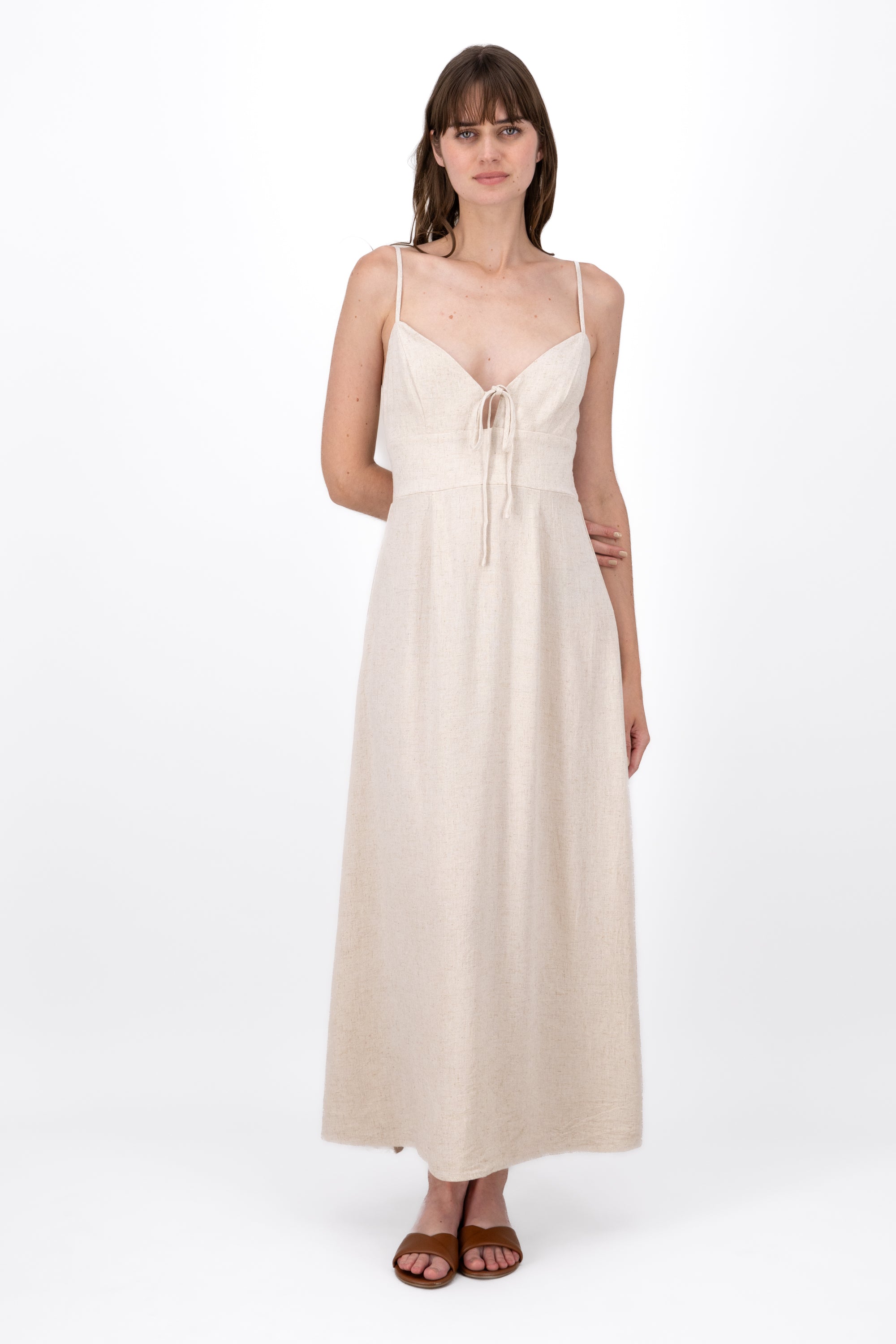 Vestido Maxi Lino Con Tirantes Delgados Hypsters BEIGE