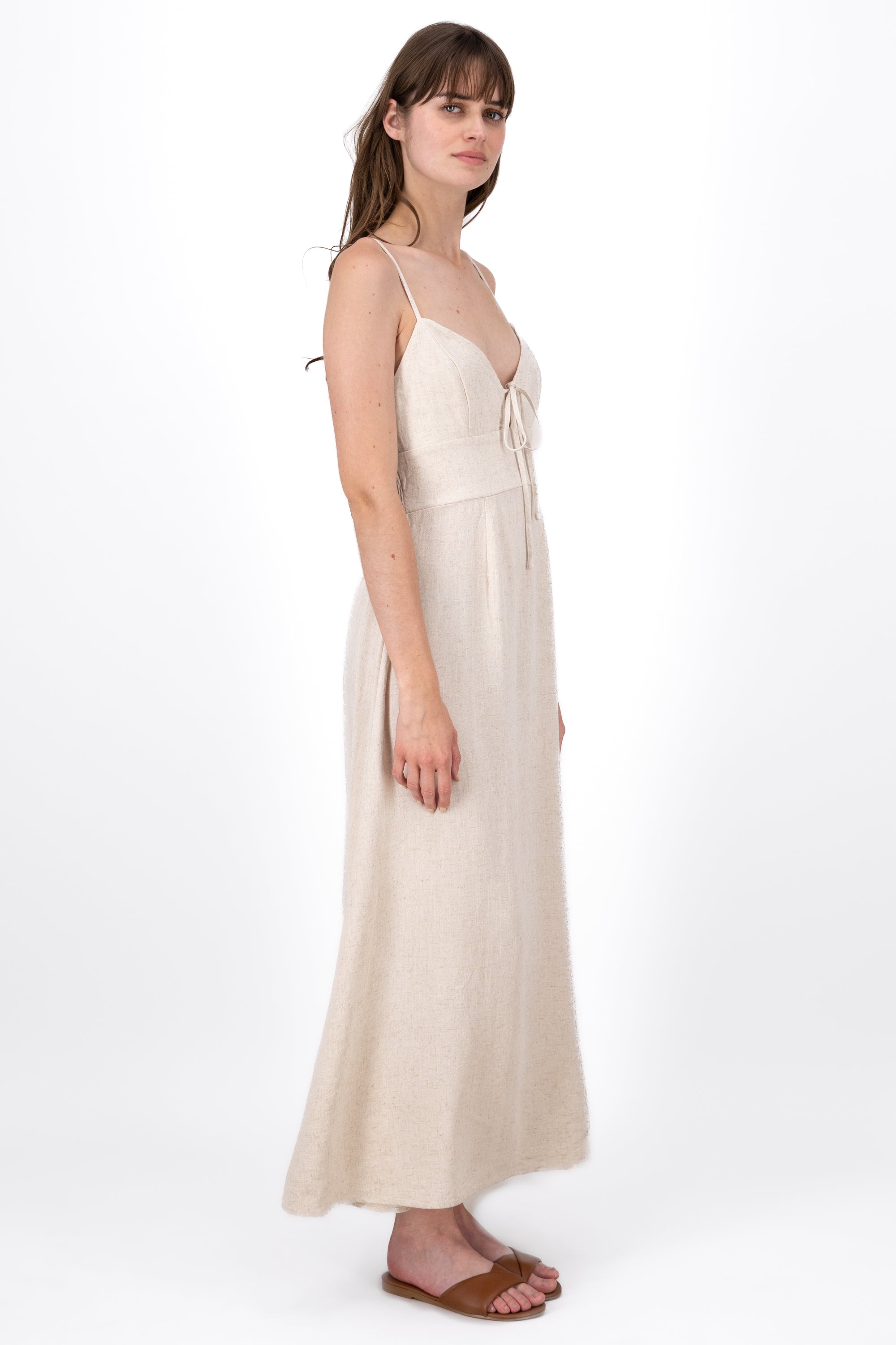 Vestido Maxi Lino Con Tirantes Delgados Hypsters BEIGE