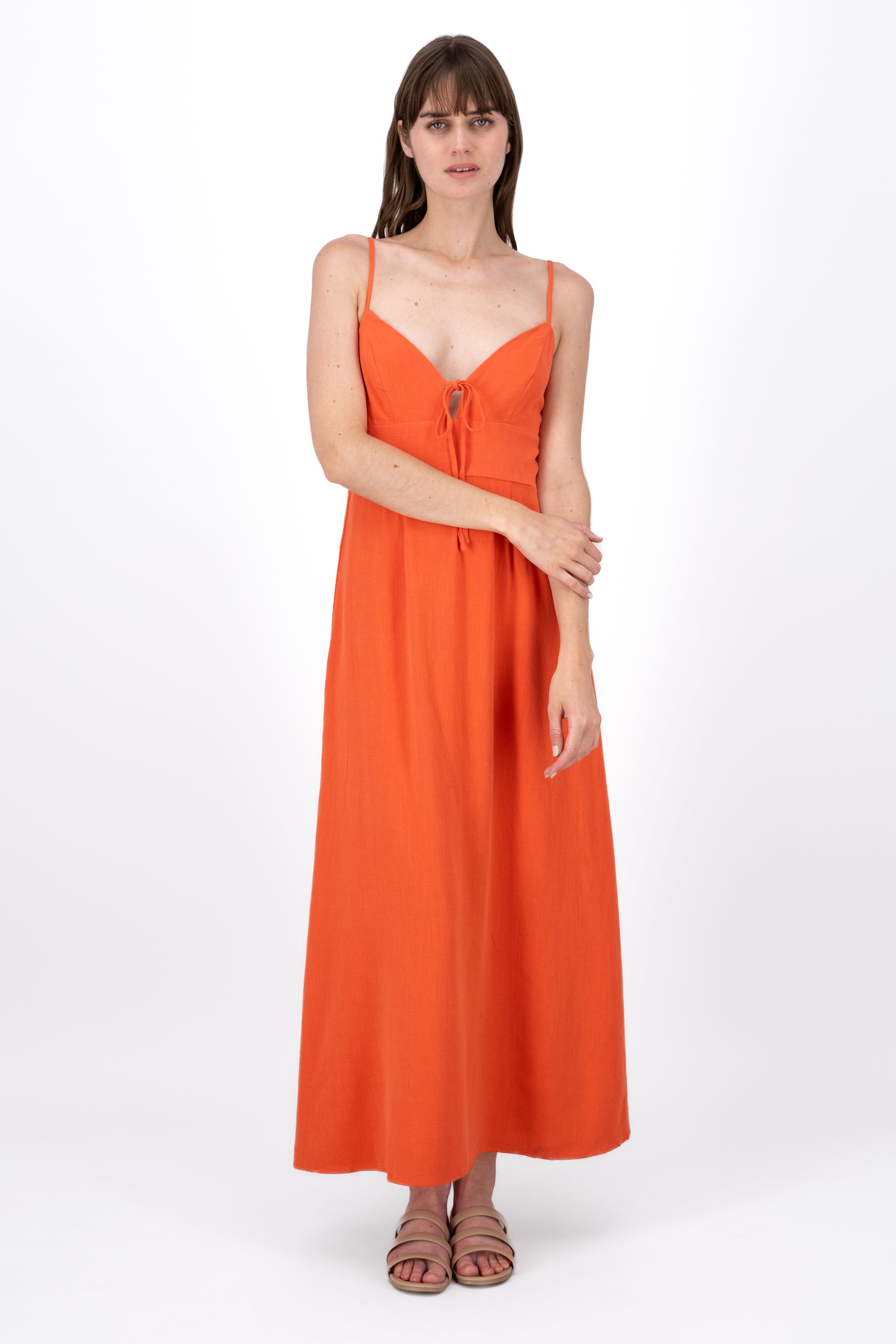 Vestido Maxi Lino Con Tirantes Delgados Hypsters NARANJA