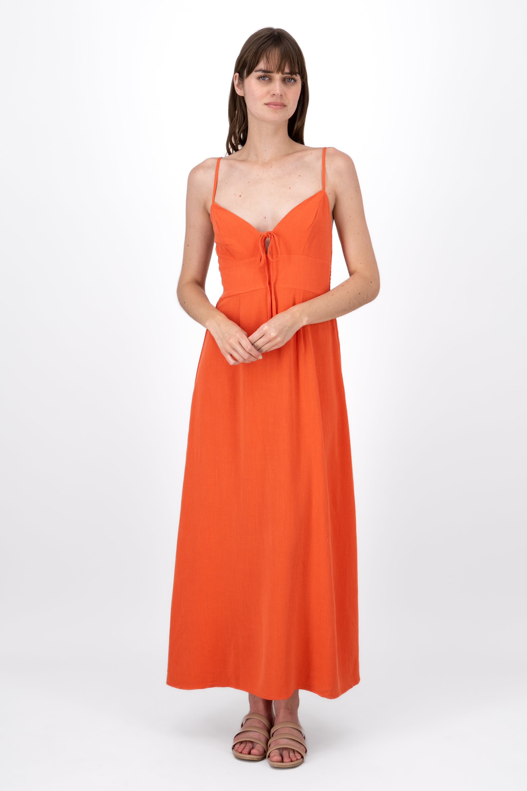 Vestido Maxi Lino Con Tirantes Delgados Hypsters NARANJA