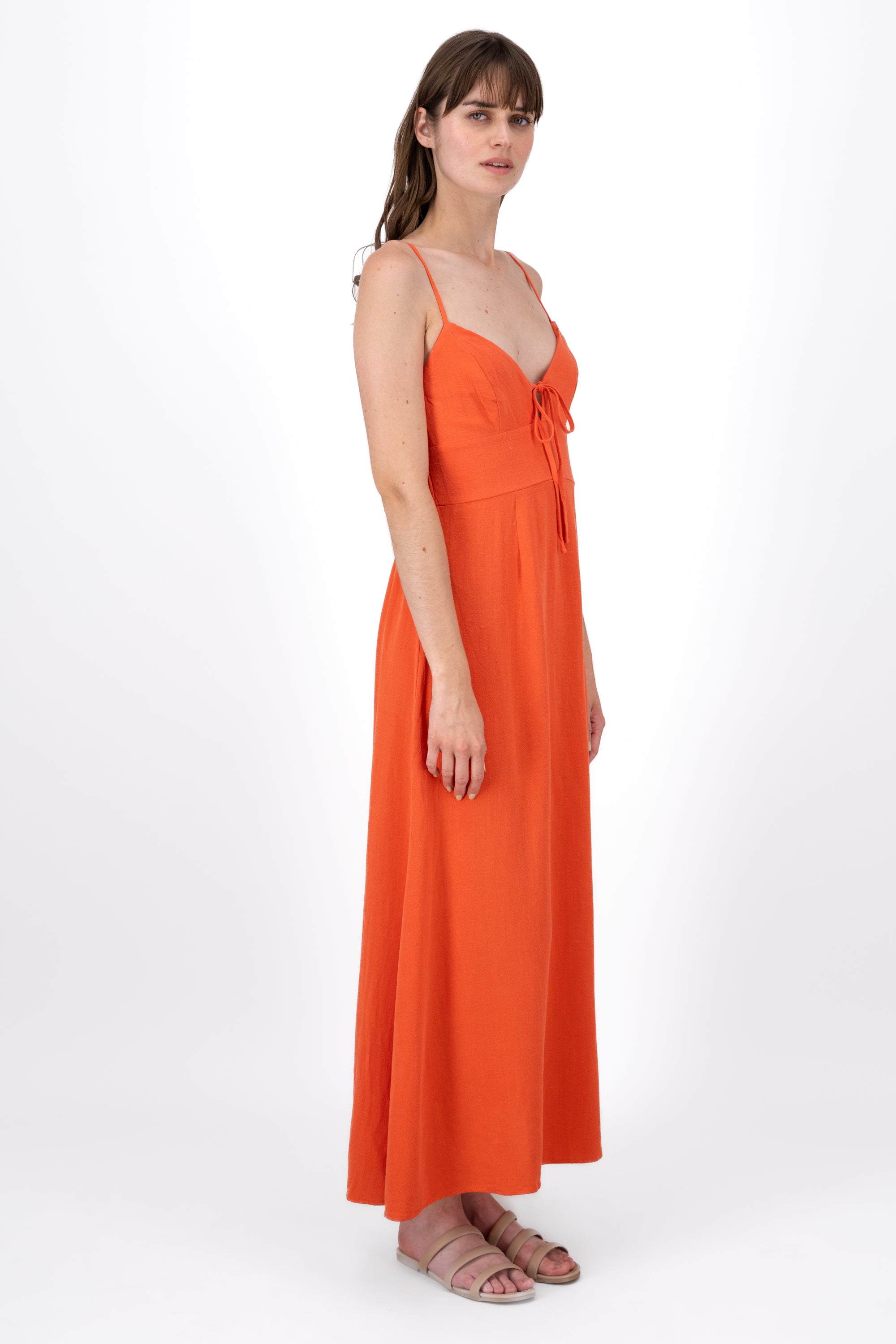 Vestido Maxi Lino Con Tirantes Delgados Hypsters NARANJA