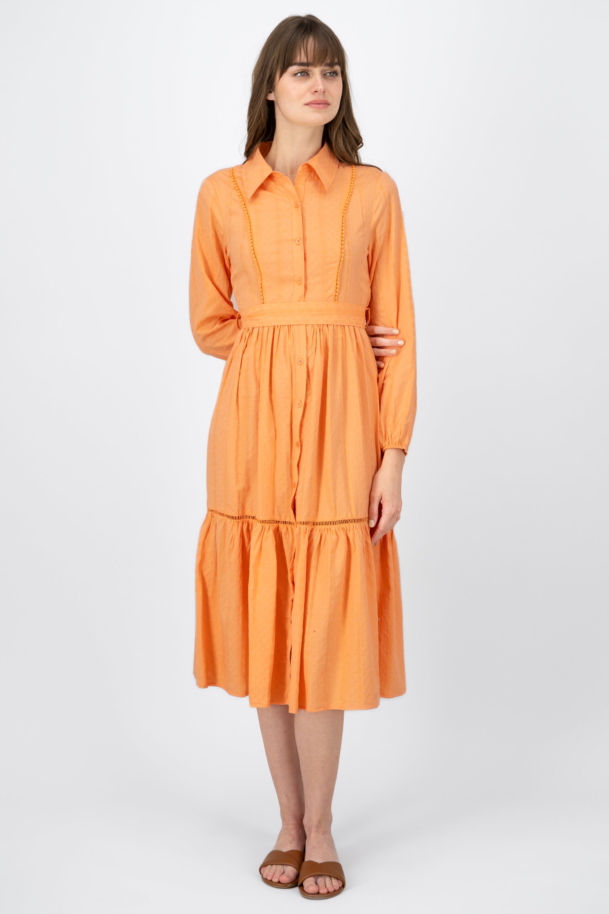 Vestido Camisero Midi Con Encaje Hypsters NARANJA