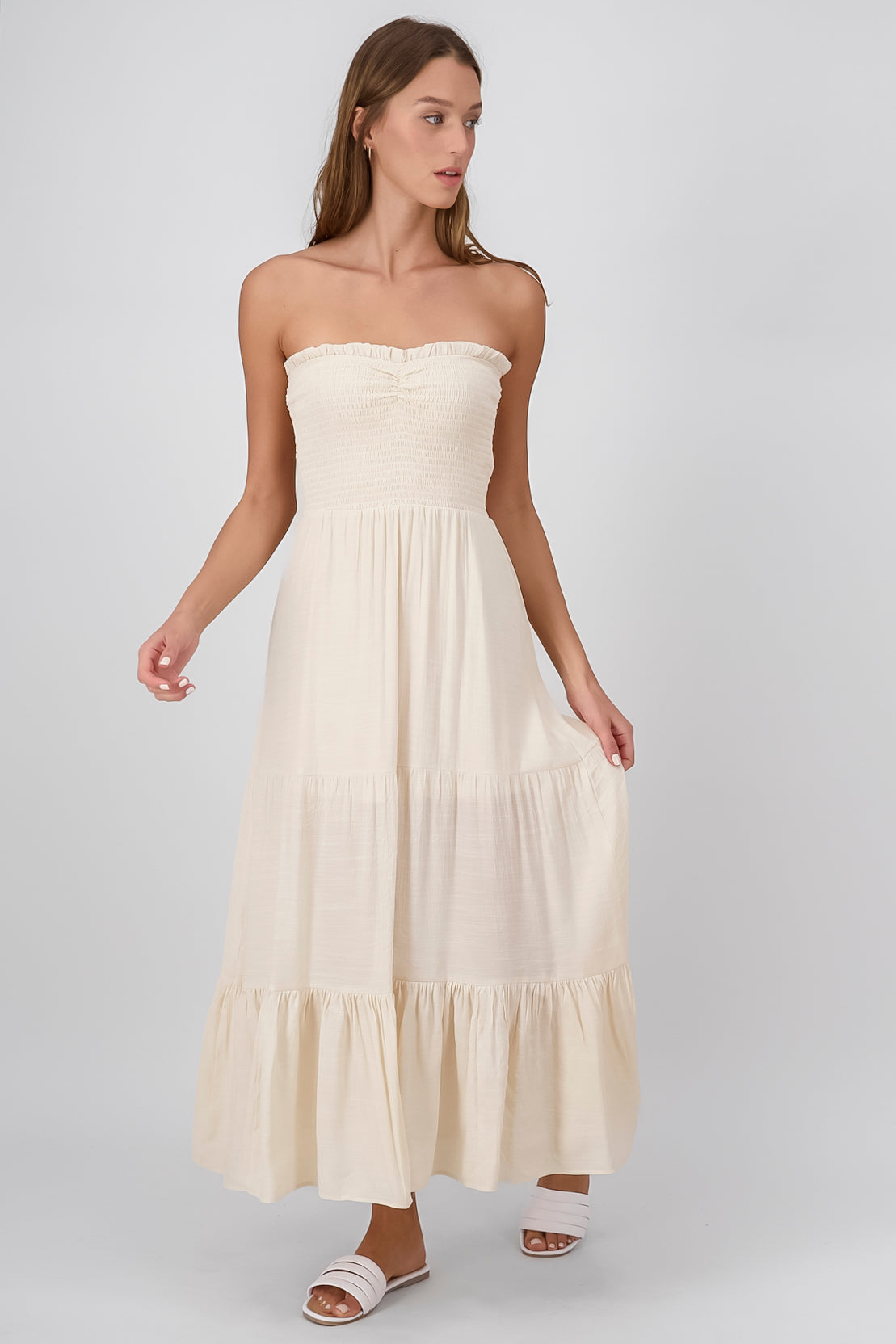 Maxi Lino Strapless dress BEIGE