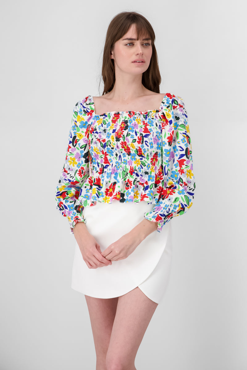 Blusa Manga Larga Abullonada Estampado Flores AZUL