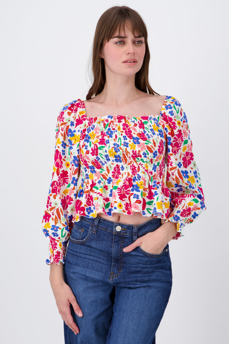 Blusa Manga Larga Abullonada Estampado Flores FIUSHA