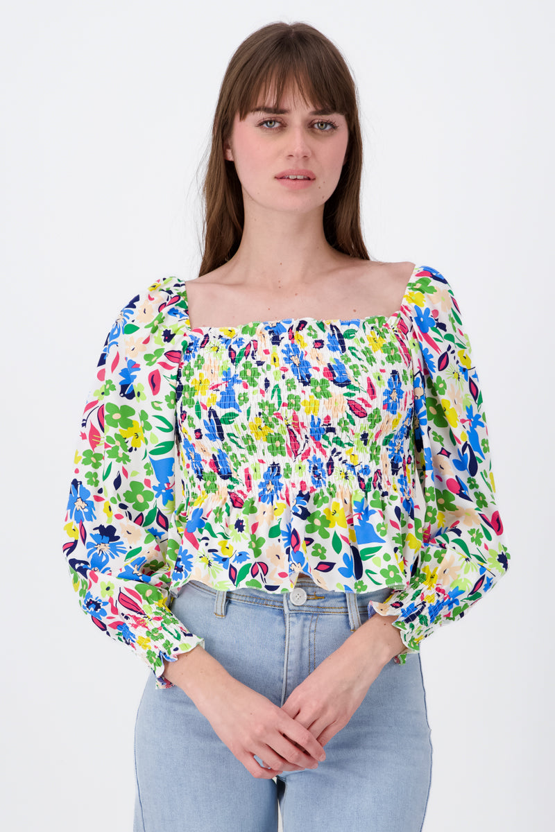 Blusa Manga Larga Abullonada Estampado Flores VERDE