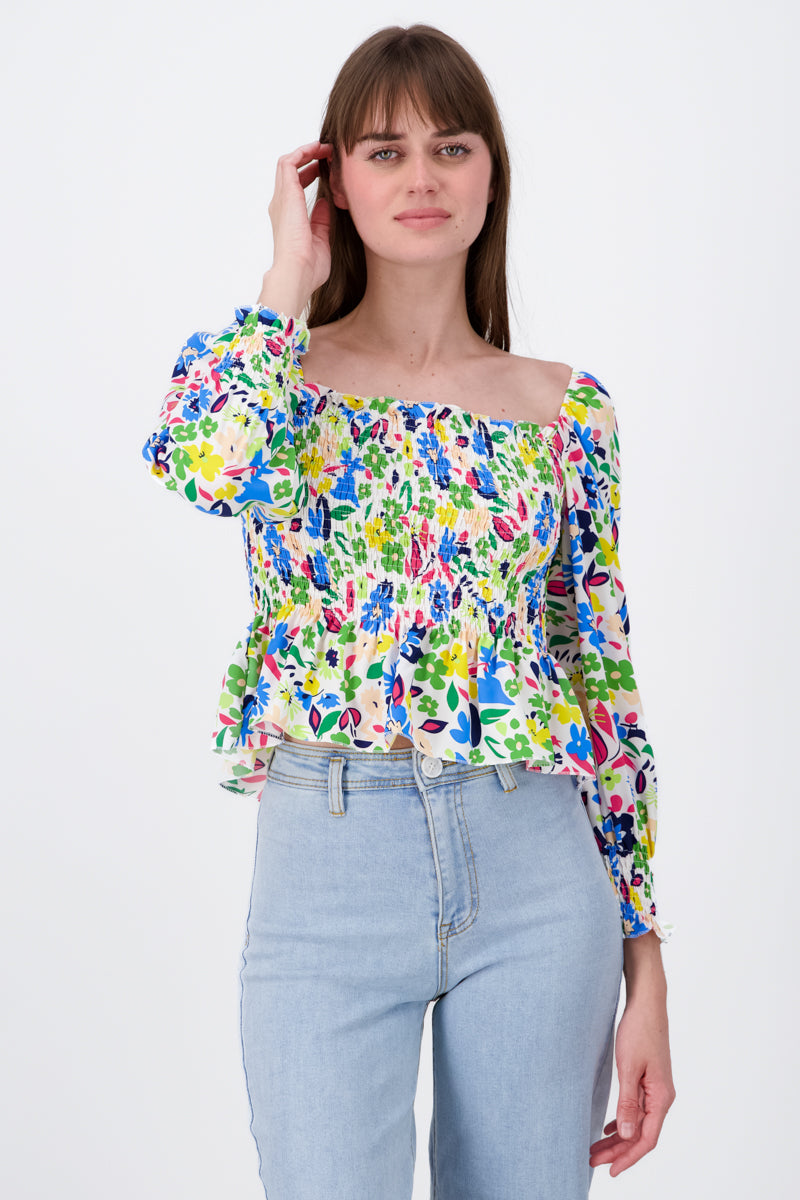 Blusa Manga Larga Abullonada Estampado Flores VERDE