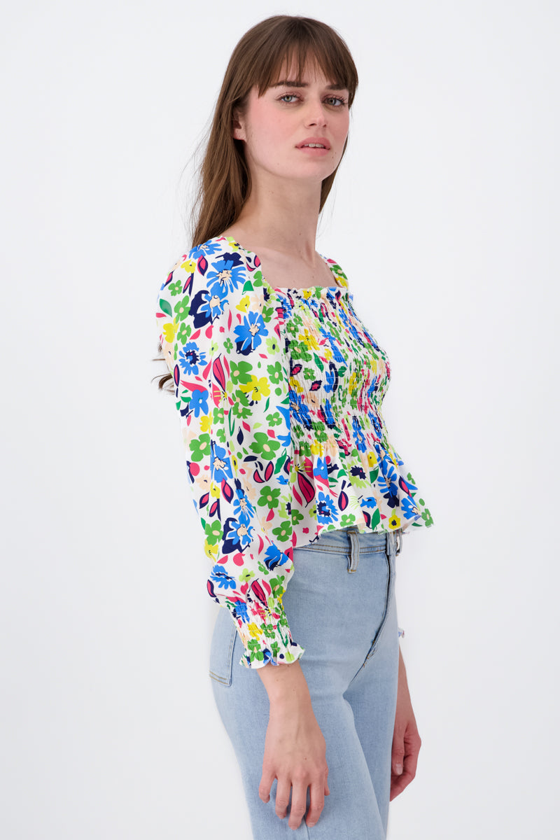 Blusa Manga Larga Abullonada Estampado Flores VERDE