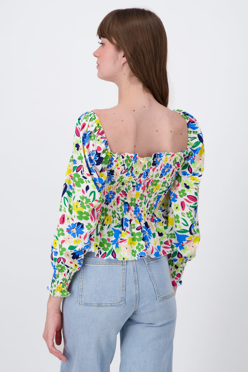 Blusa Manga Larga Abullonada Estampado Flores VERDE