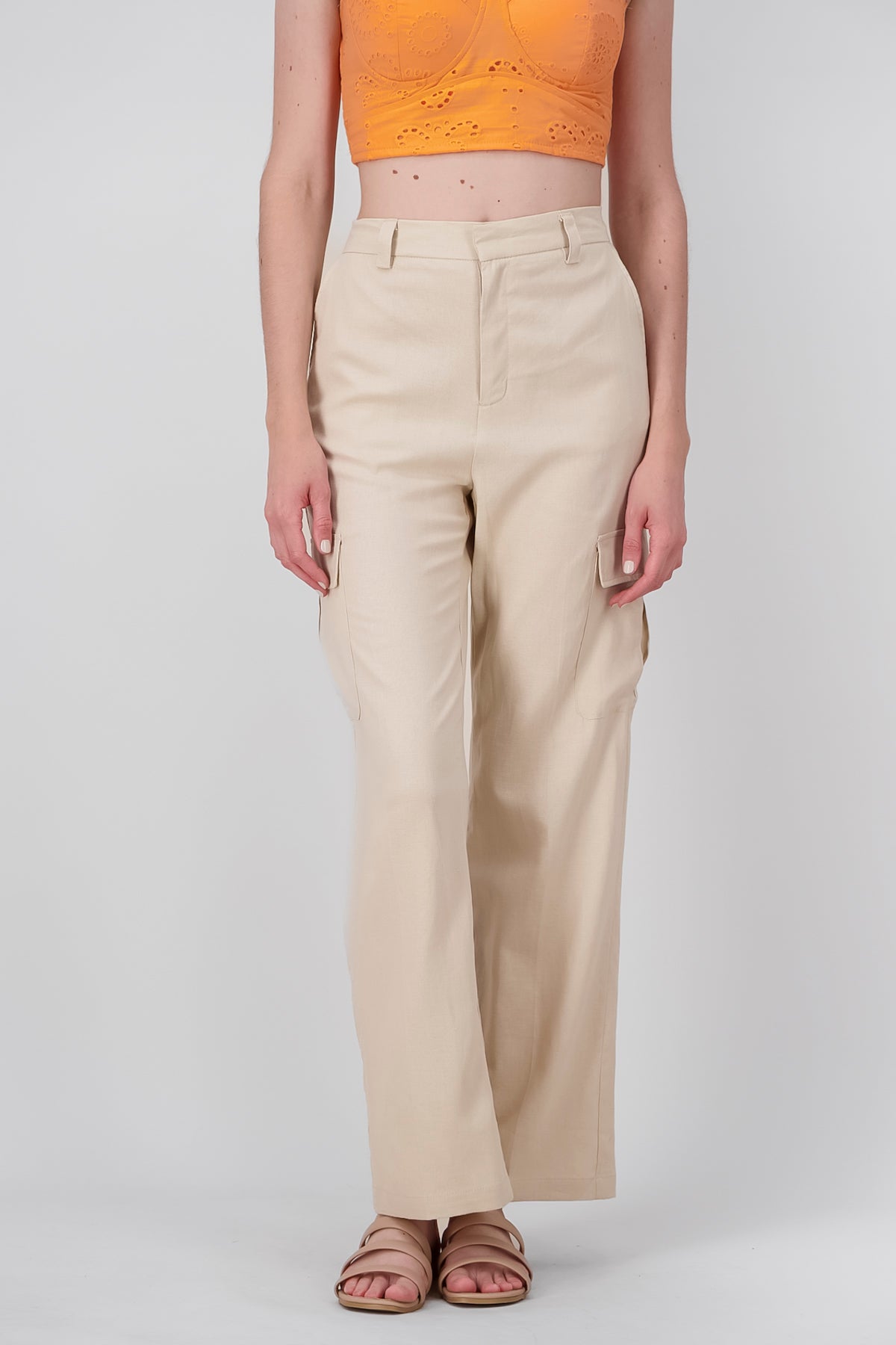 Pantalones Lino Bolsas Cargo KHAKI