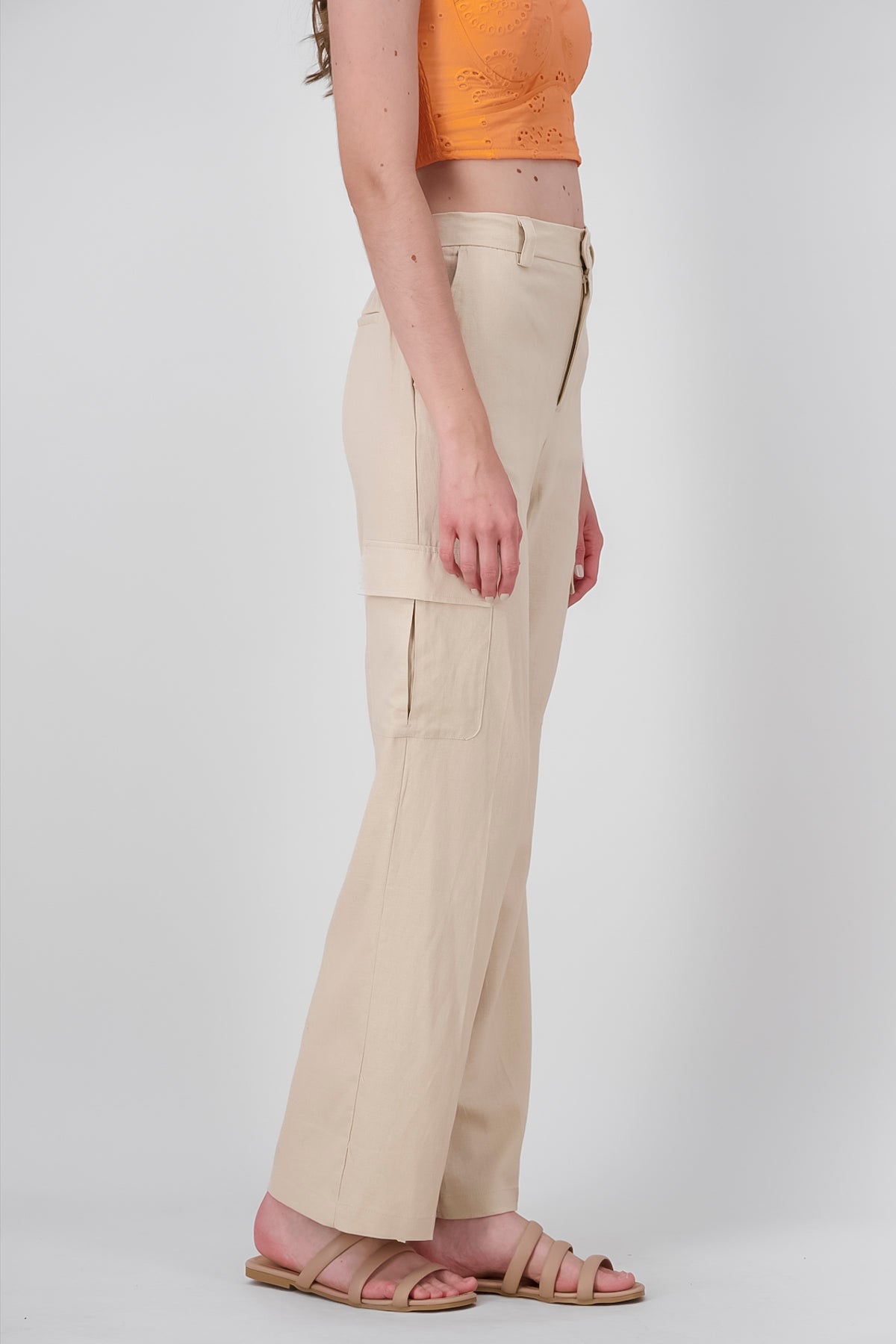 Pantalones Lino Bolsas Cargo KHAKI