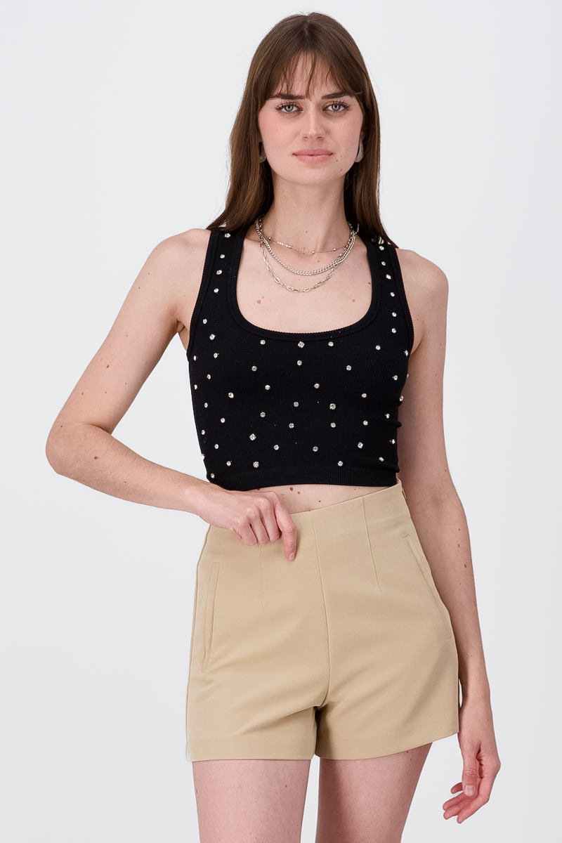 Short thick strap top with shine BLACK