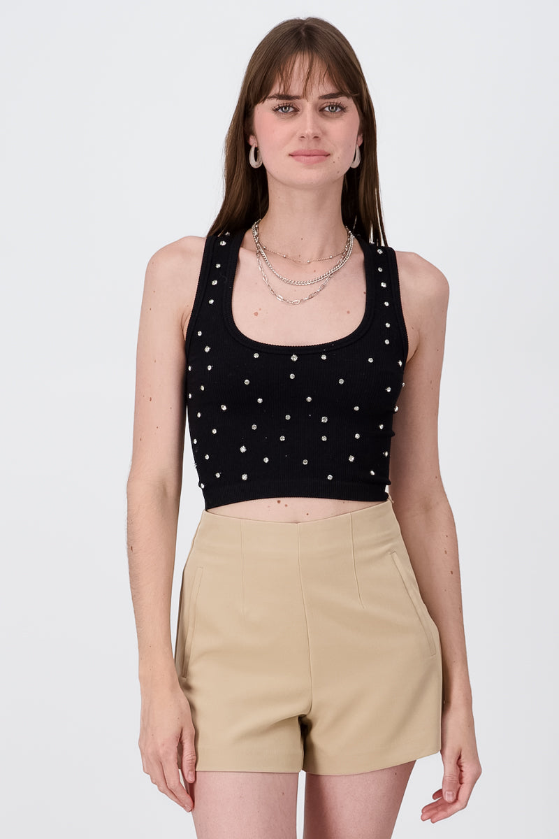 Short thick strap top with shine BLACK