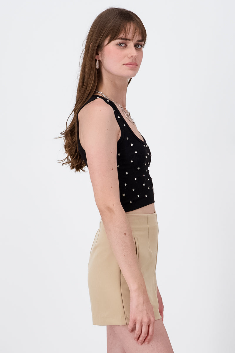 Short thick strap top with shine BLACK