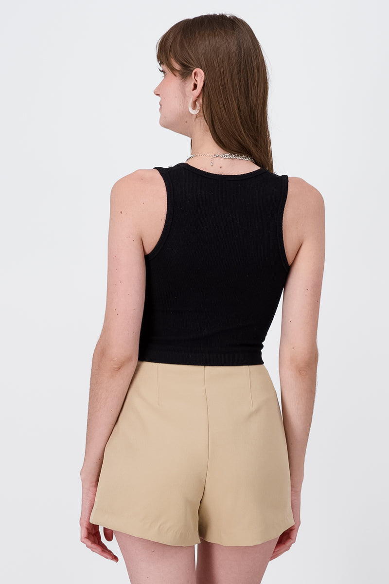 Short thick strap top with shine BLACK
