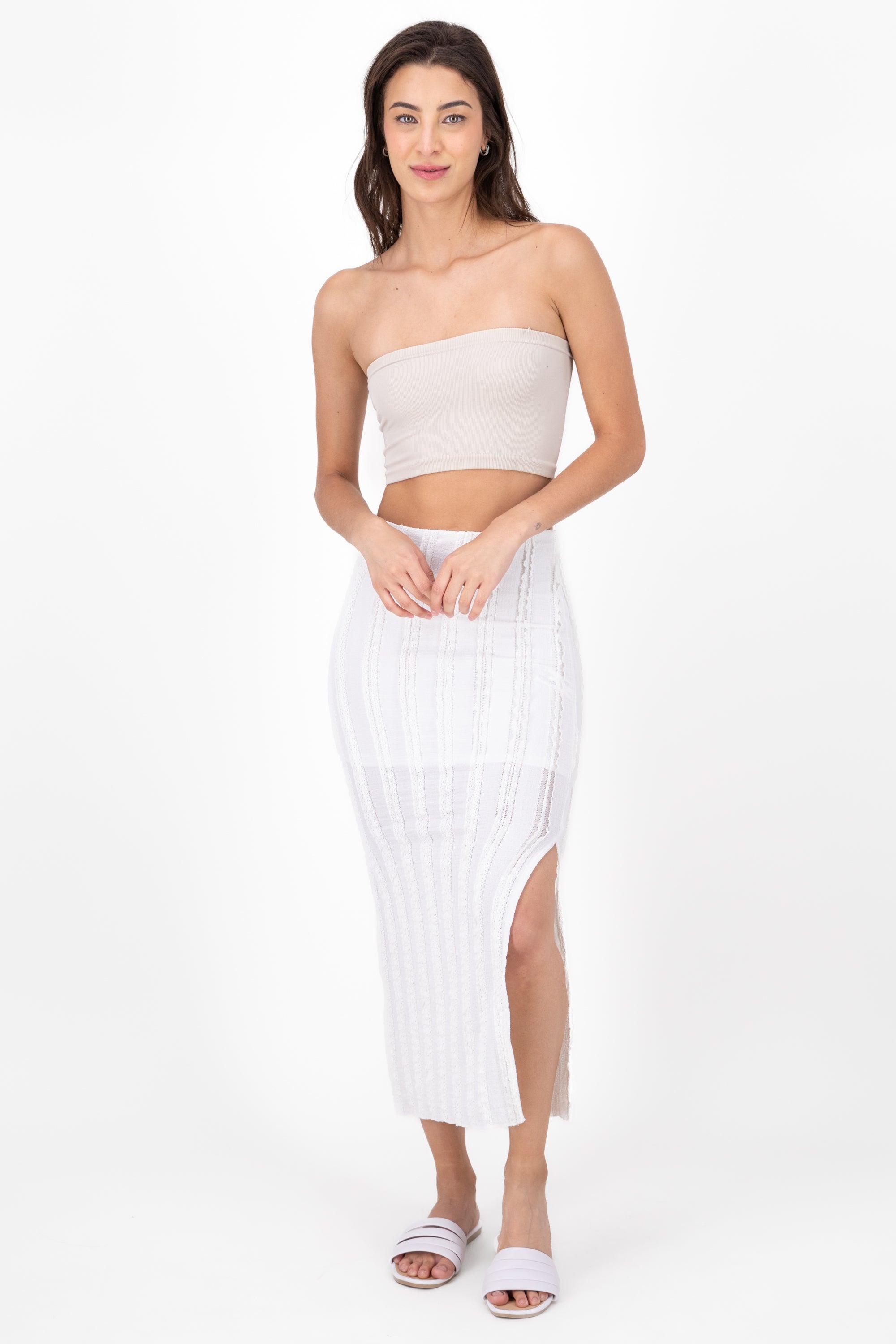 Falda Midi Textura Con Abertura BLANCO