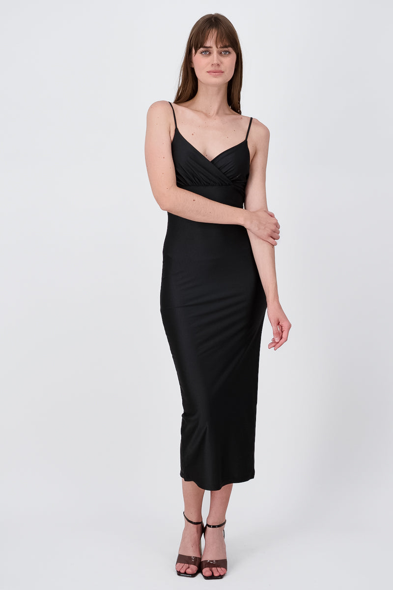 Vestido Maxi Satin Plisado Escote NEGRO