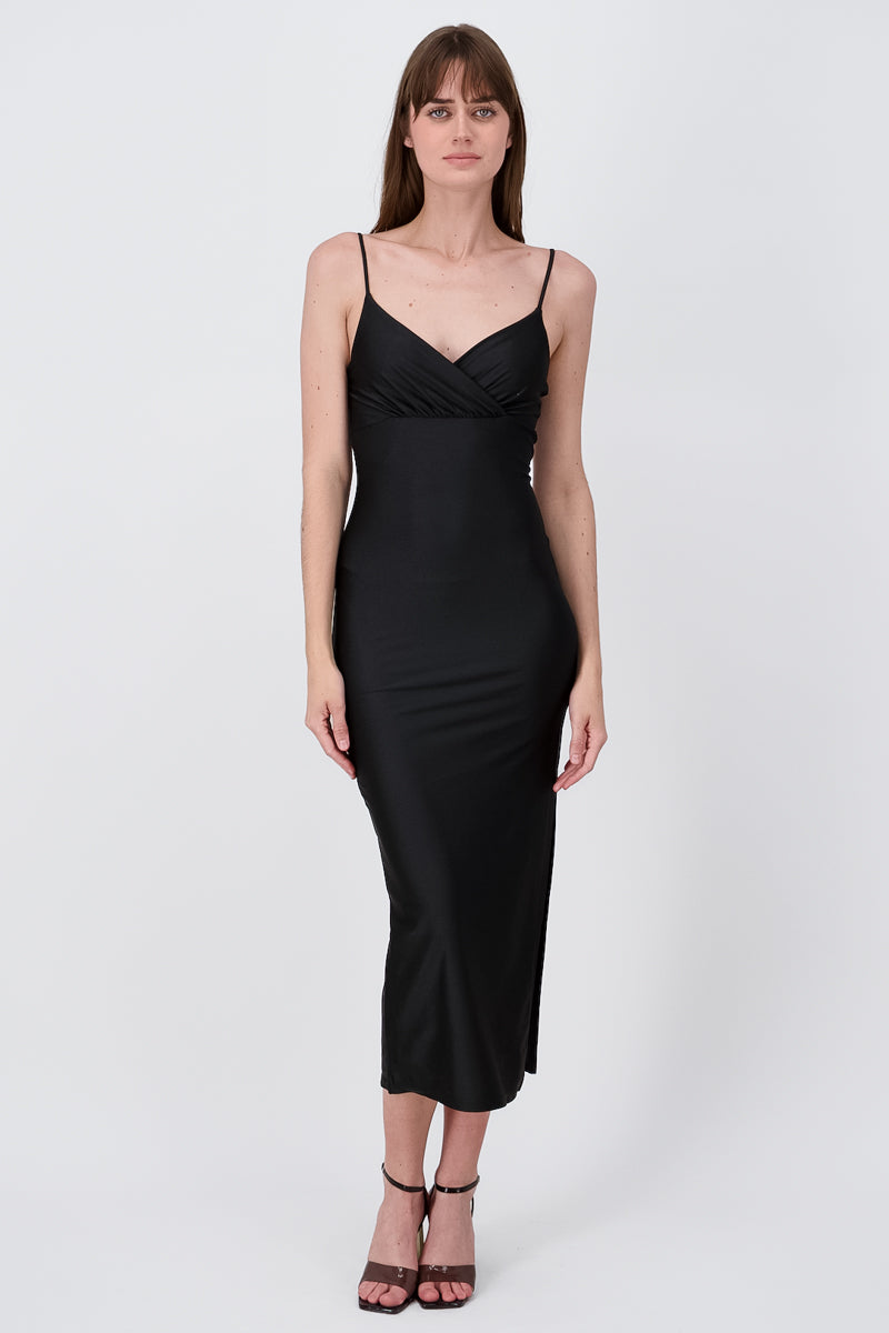 Vestido Maxi Satin Plisado Escote NEGRO