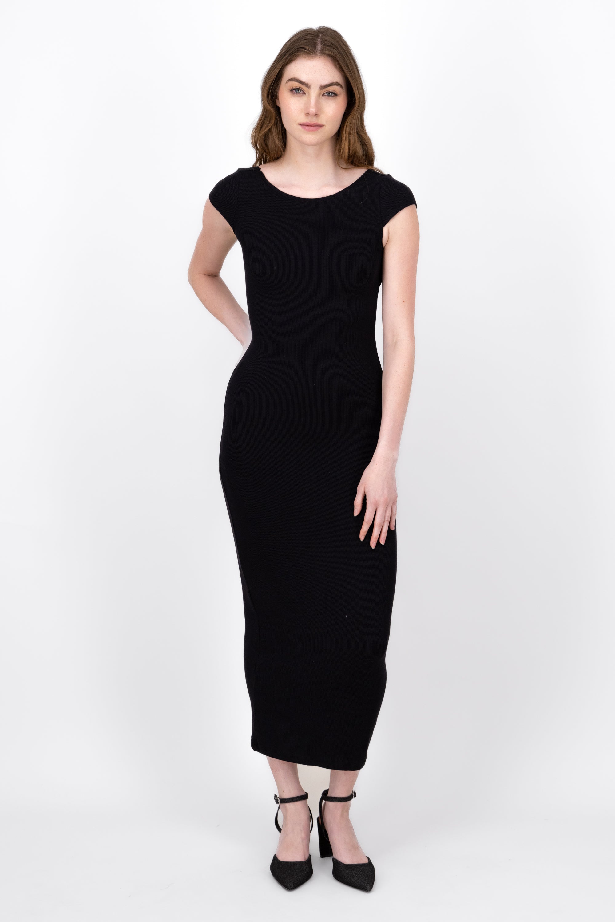 RIB DRESS WITH DISCOVERED BACK BLACK