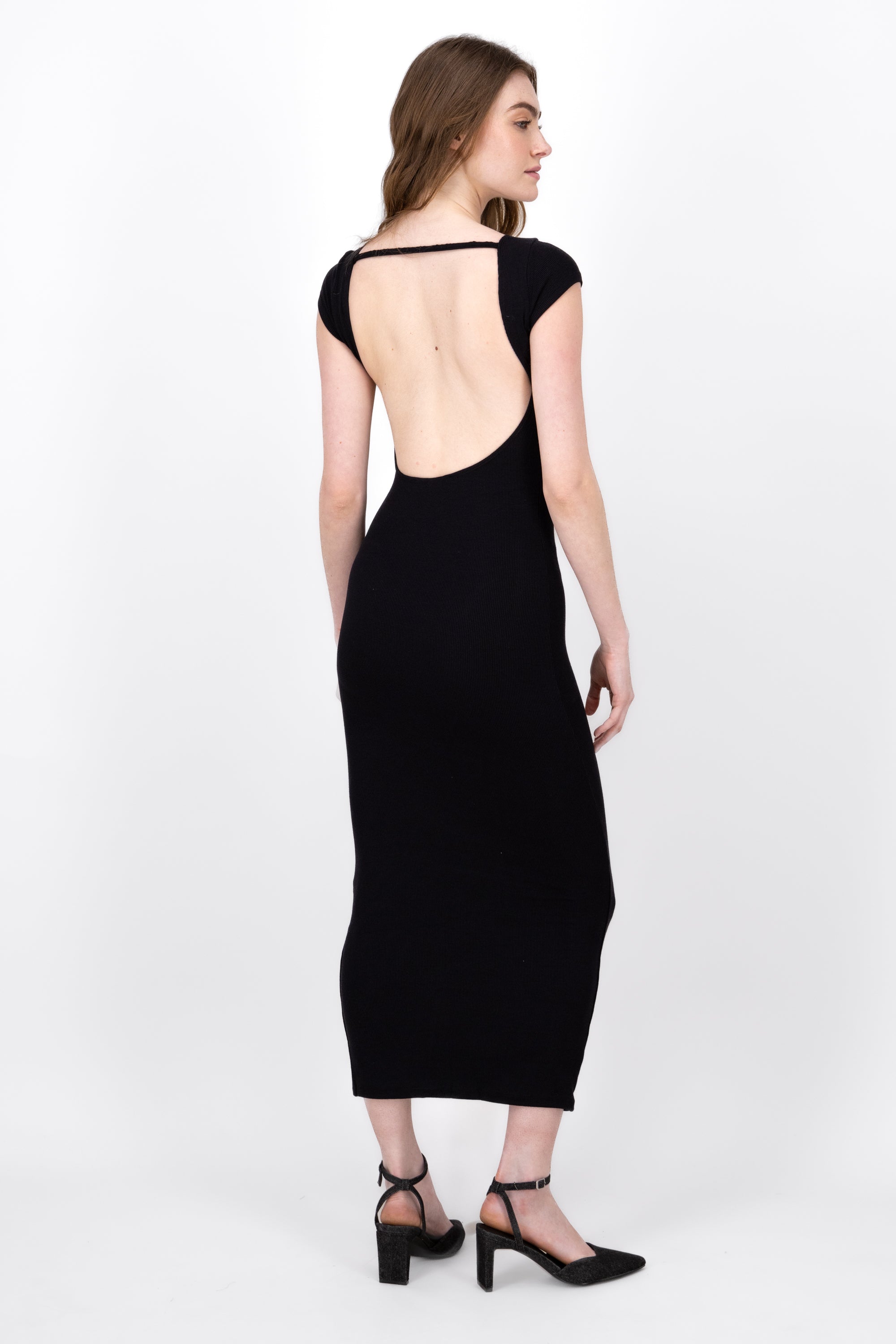 RIB DRESS WITH DISCOVERED BACK BLACK