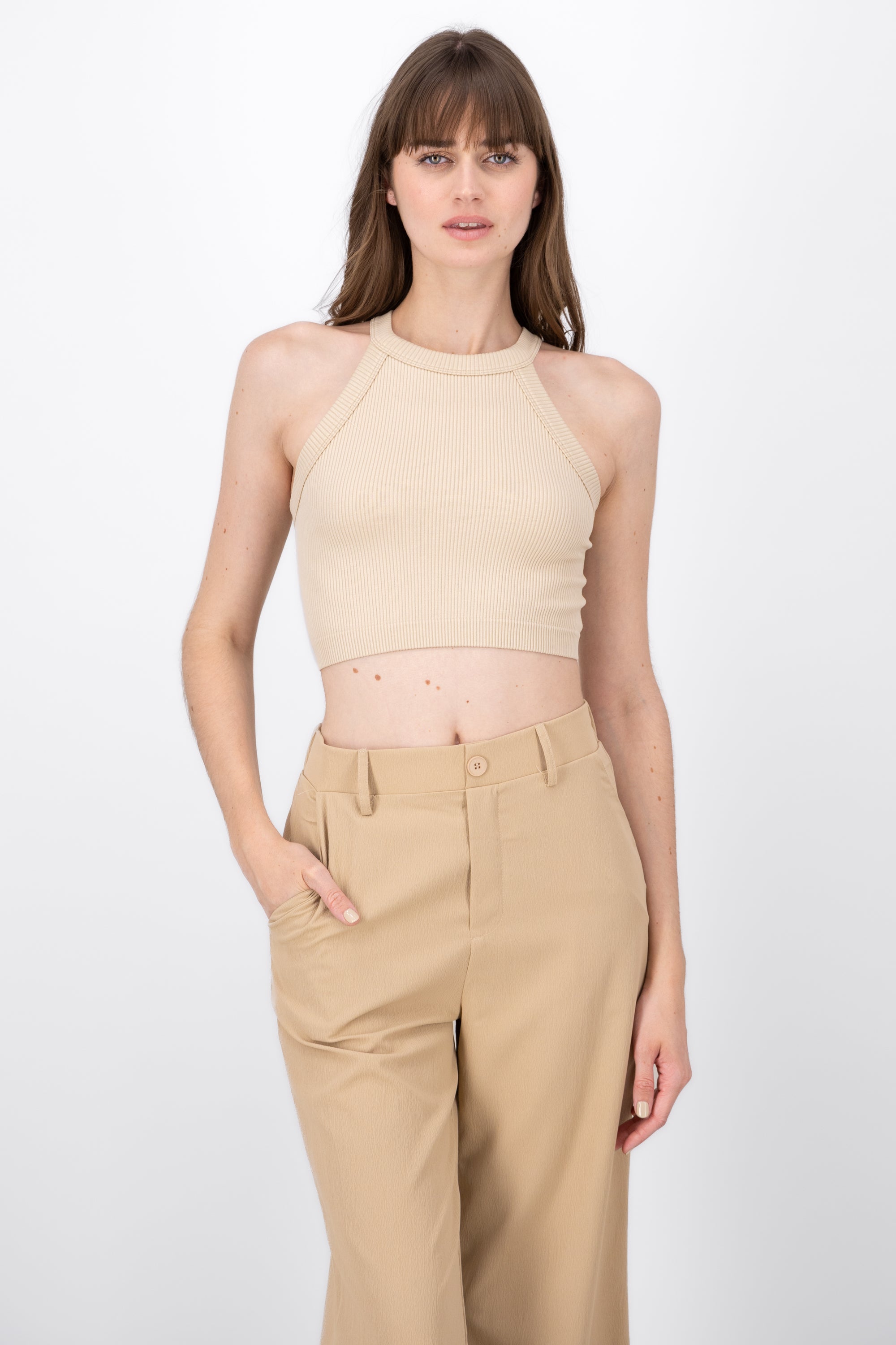 Top Seamless Acanalado Sin Manga KHAKI