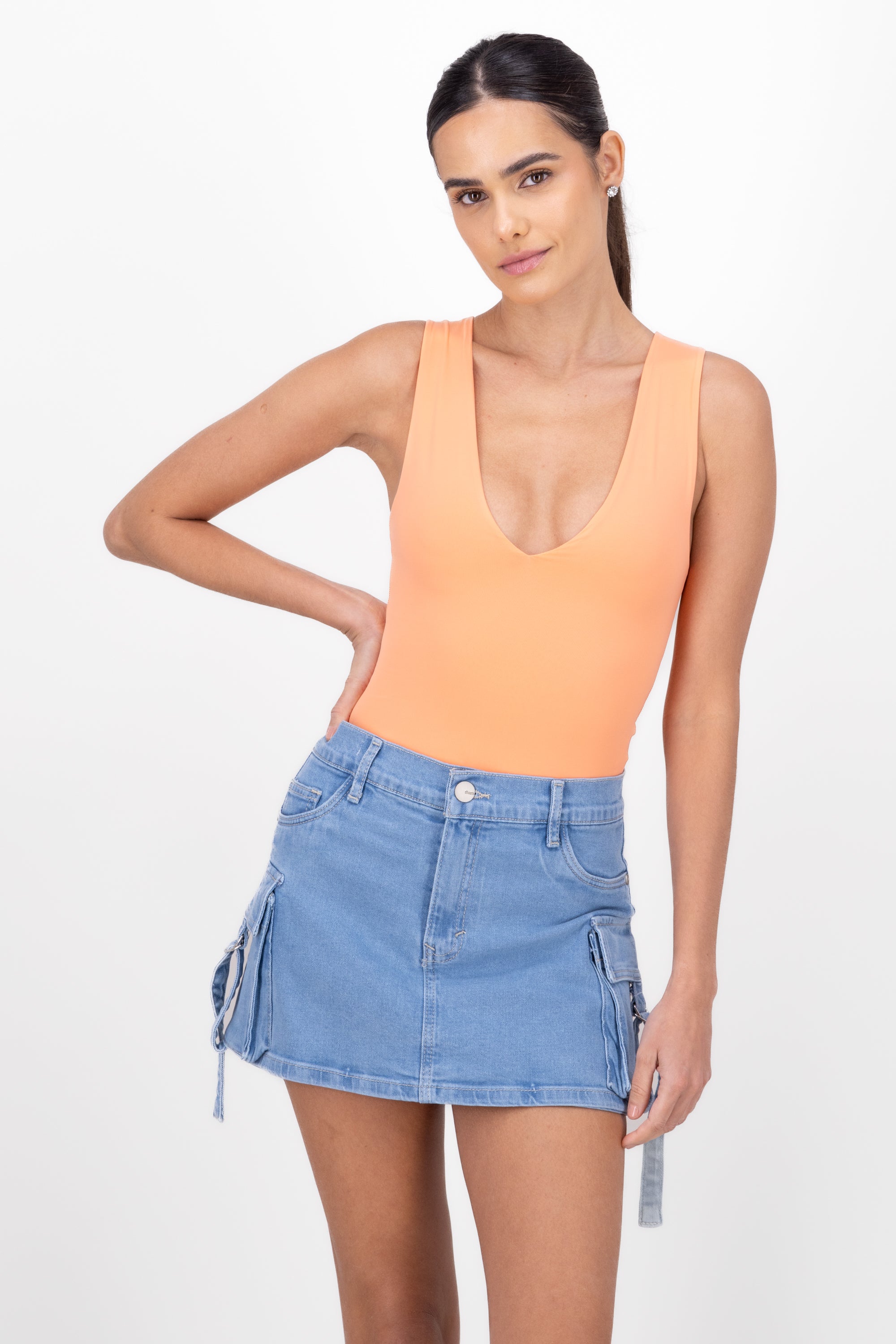 Bodysuit neck v without sleeves TANGERINE