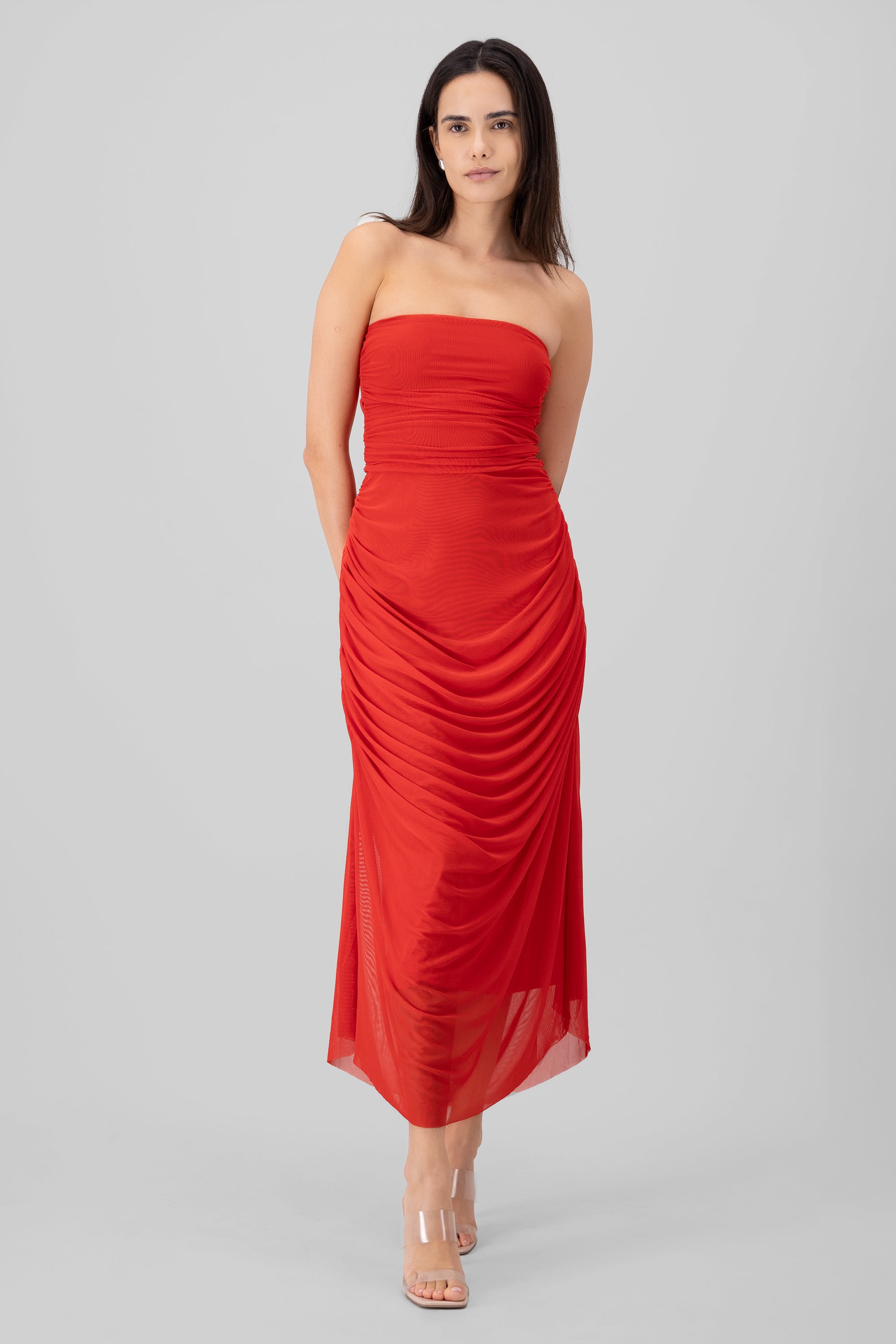 Maxi Vestido Liso Mesh Strapless ROJO QUEMADO