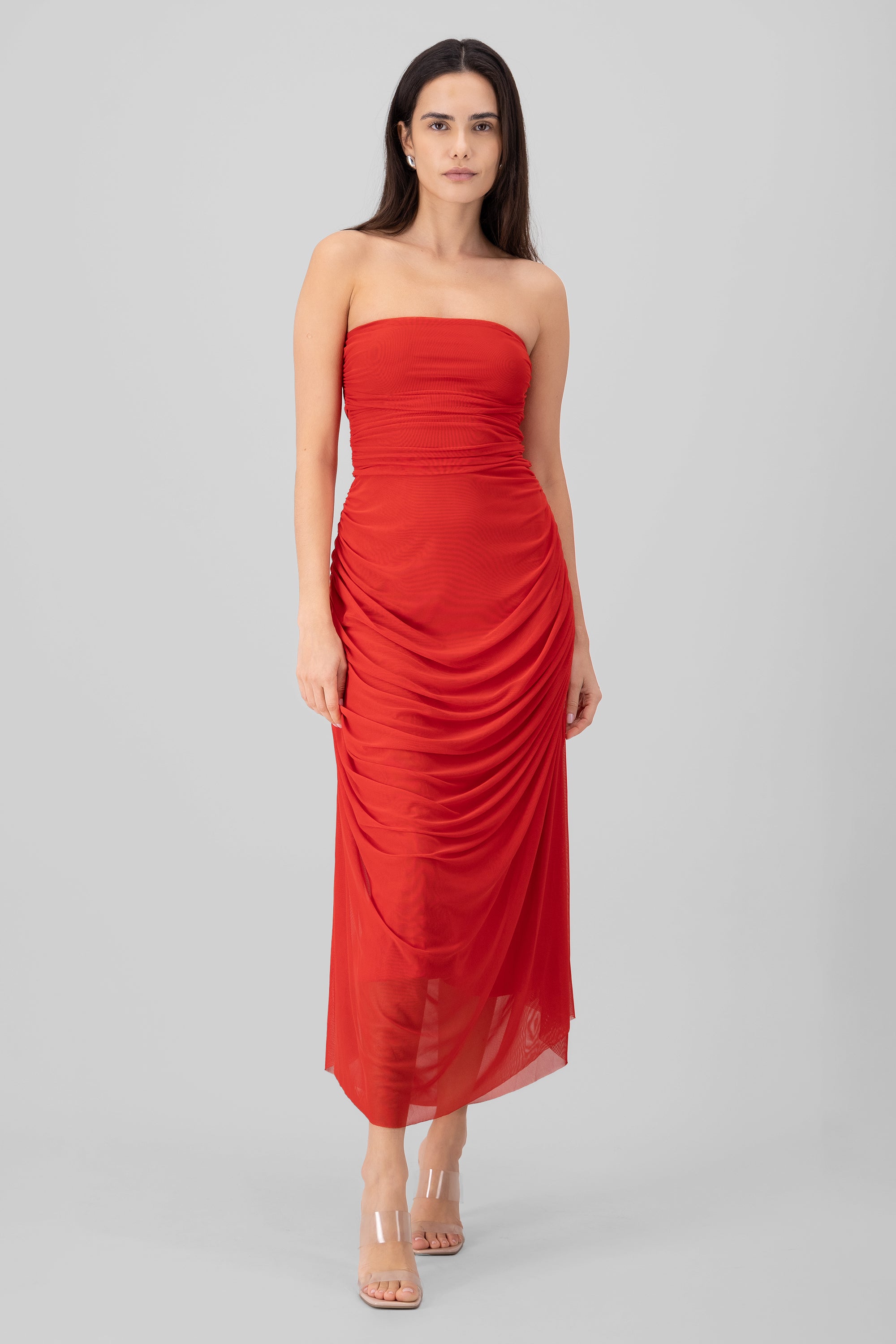 Maxi Vestido Liso Mesh Strapless ROJO QUEMADO