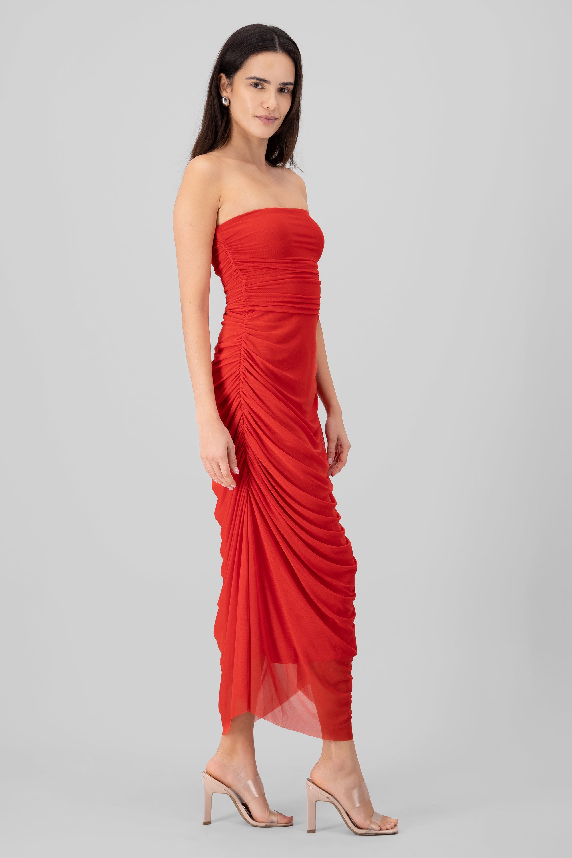 Maxi Vestido Liso Mesh Strapless ROJO QUEMADO