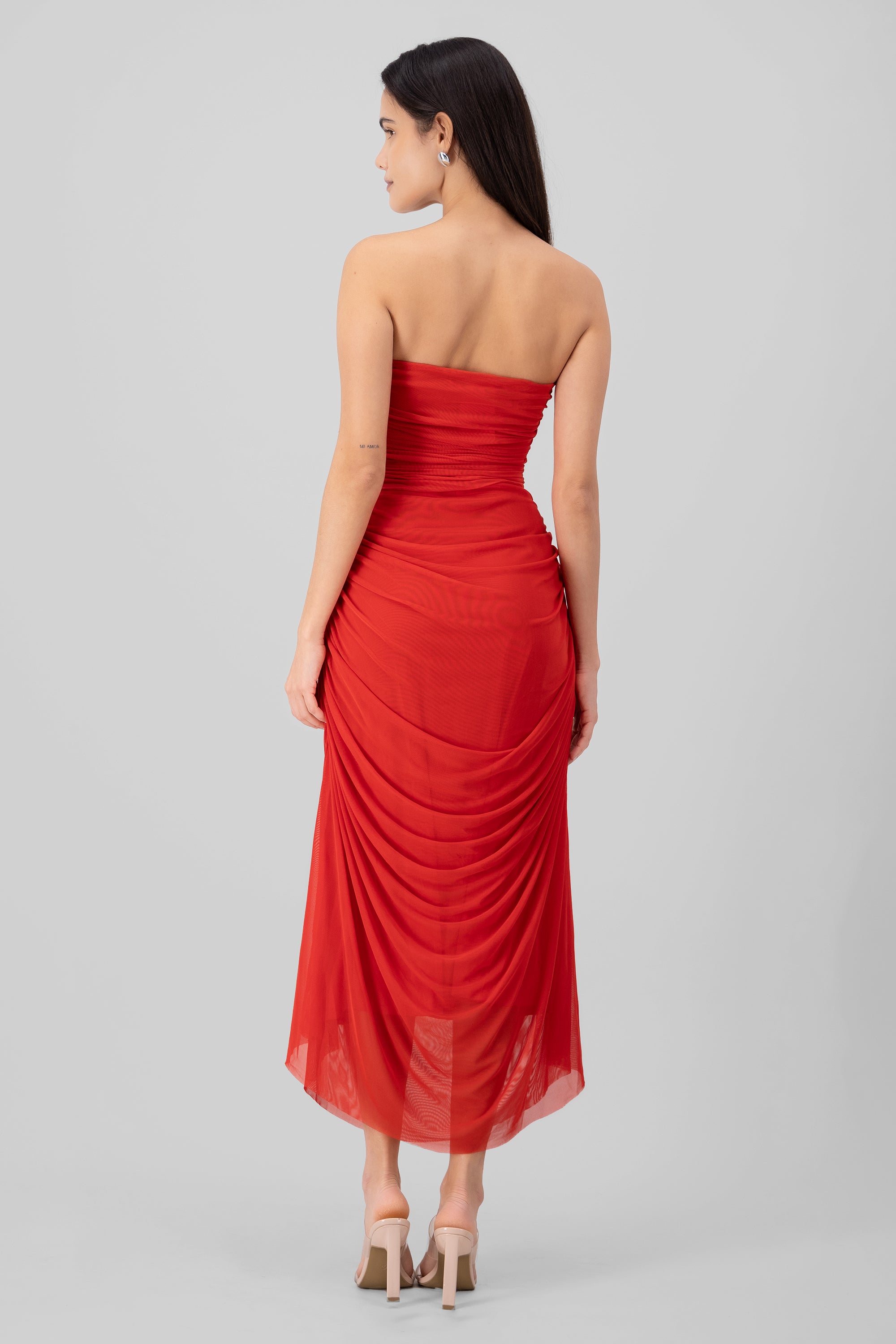 Maxi Vestido Liso Mesh Strapless ROJO QUEMADO