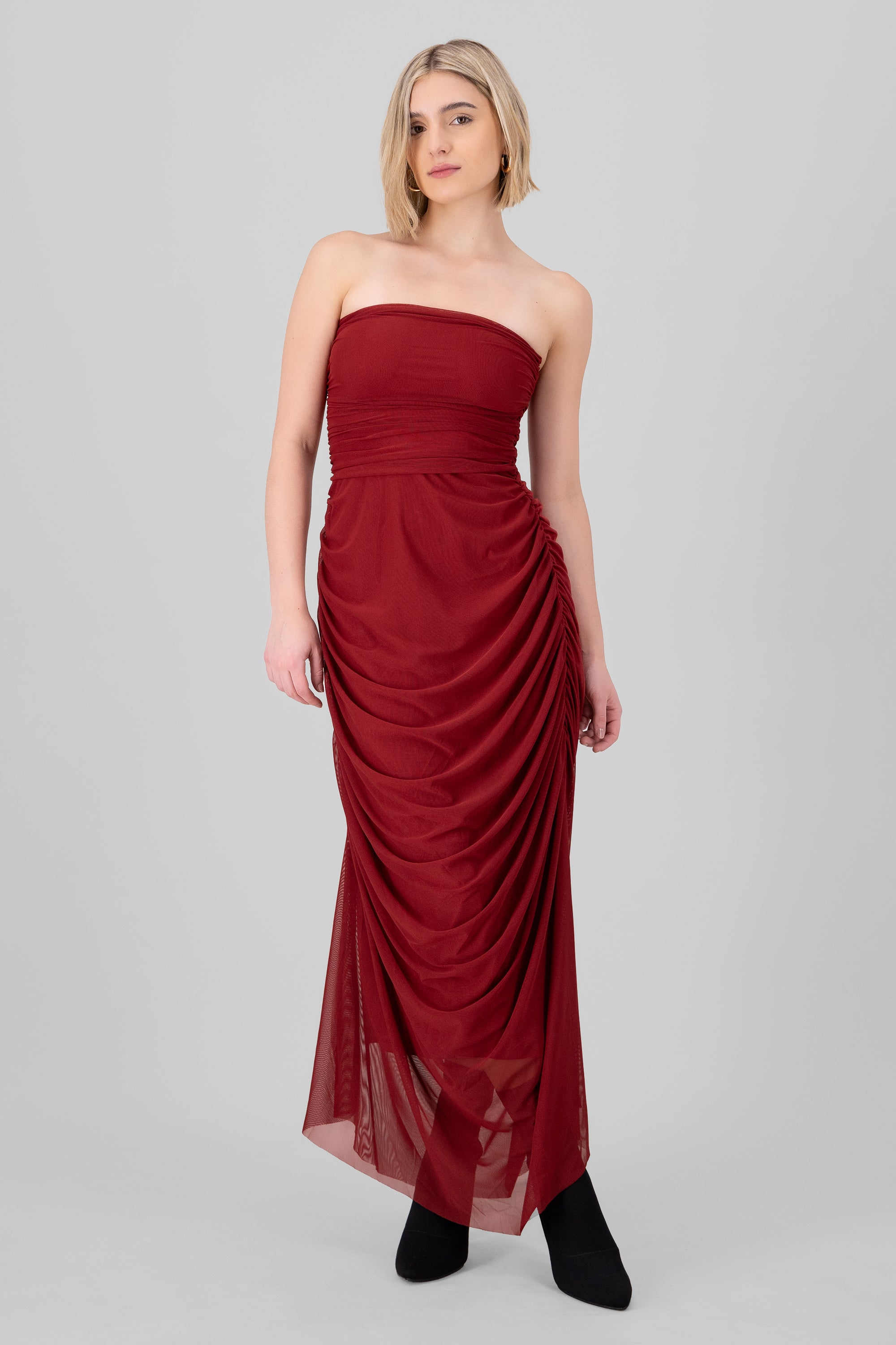 Maxi Mesh Strapless dress Cherry red