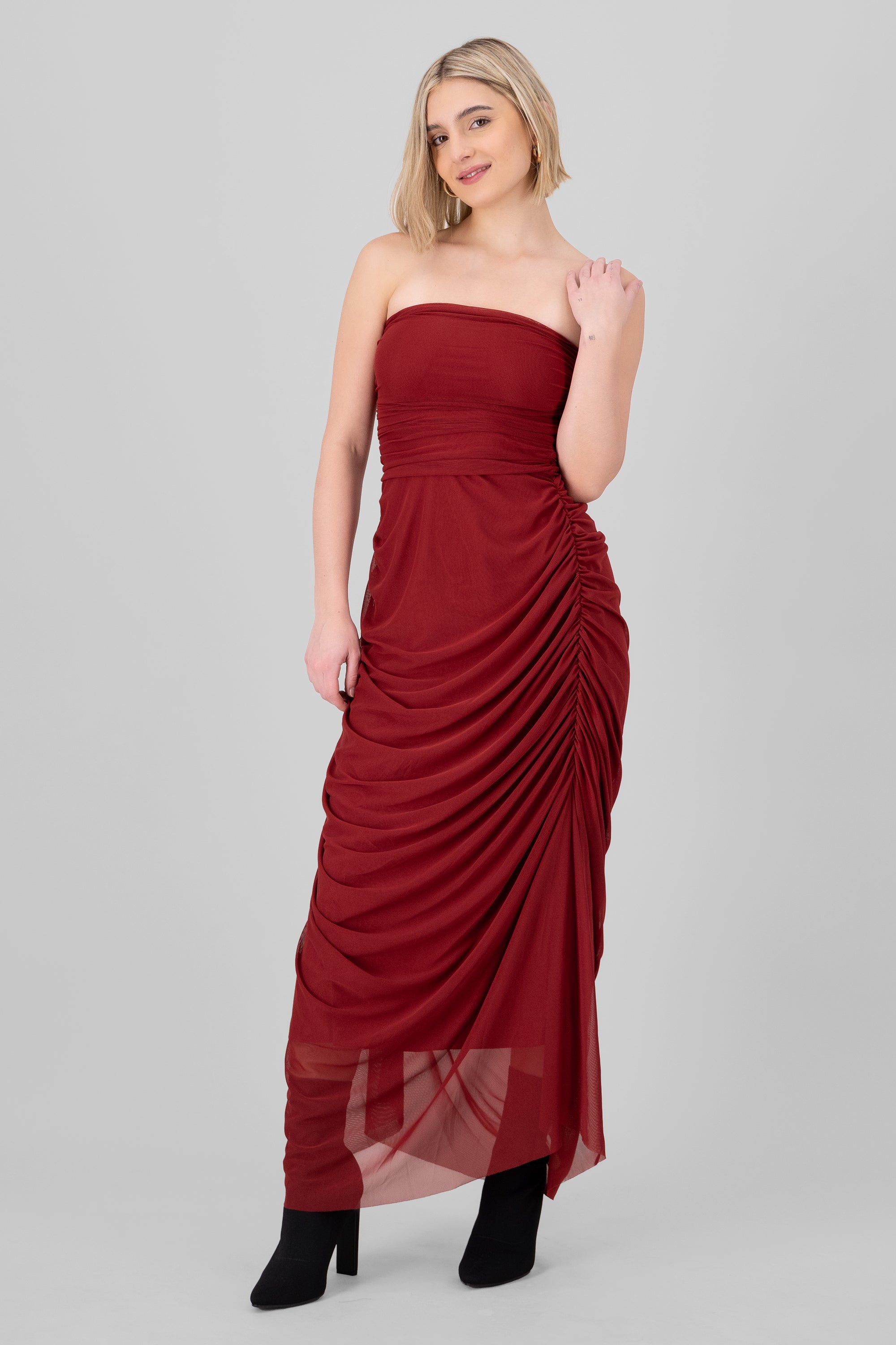 Maxi Mesh Strapless dress Cherry red