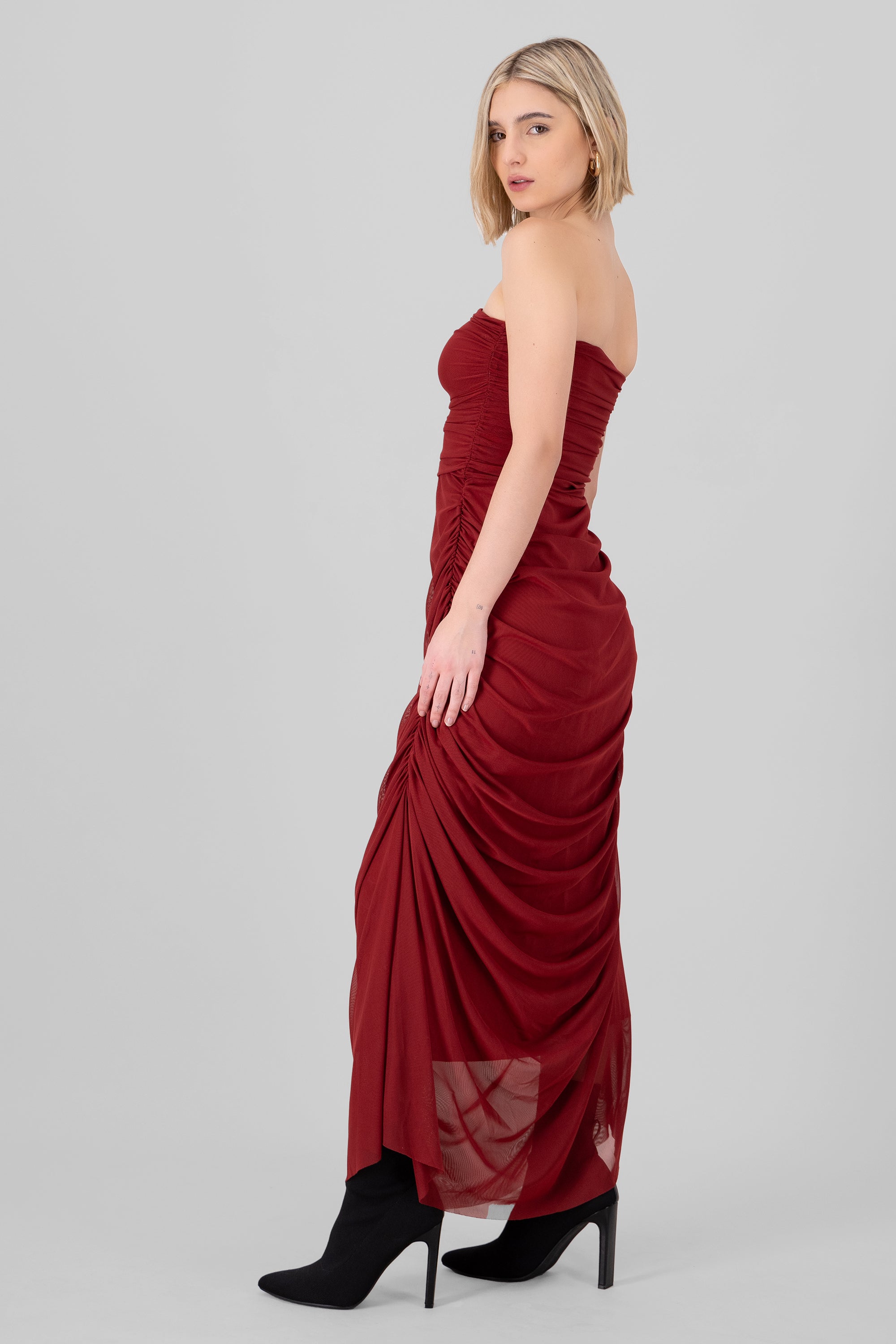 Maxi Mesh Strapless dress Cherry red