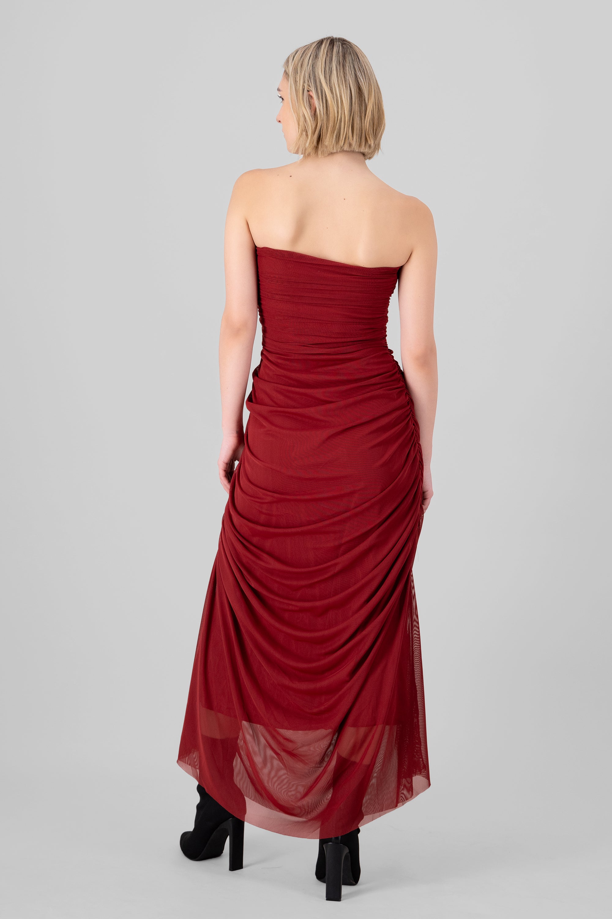 Maxi Mesh Strapless dress Cherry red