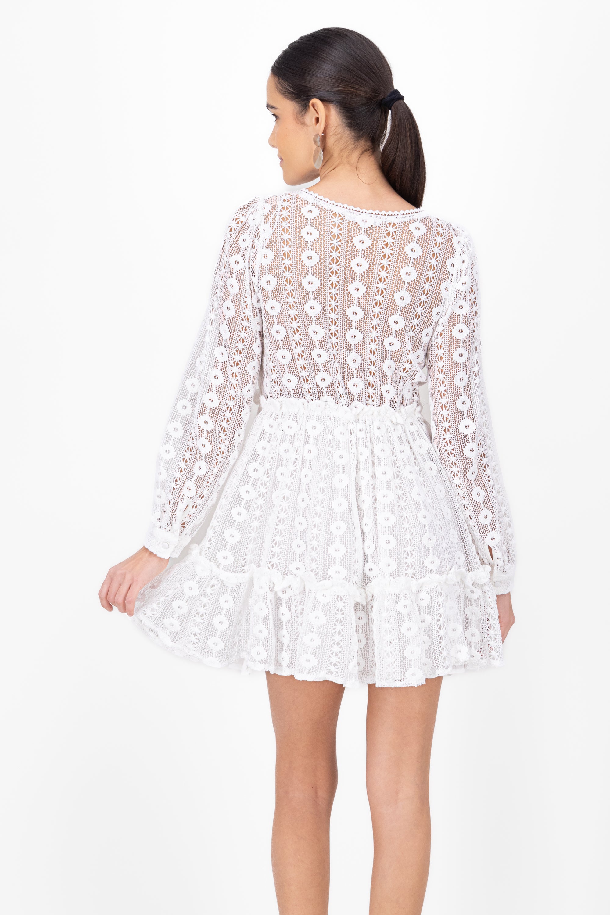 Crochet dress with mini waves long sleeve WHITE