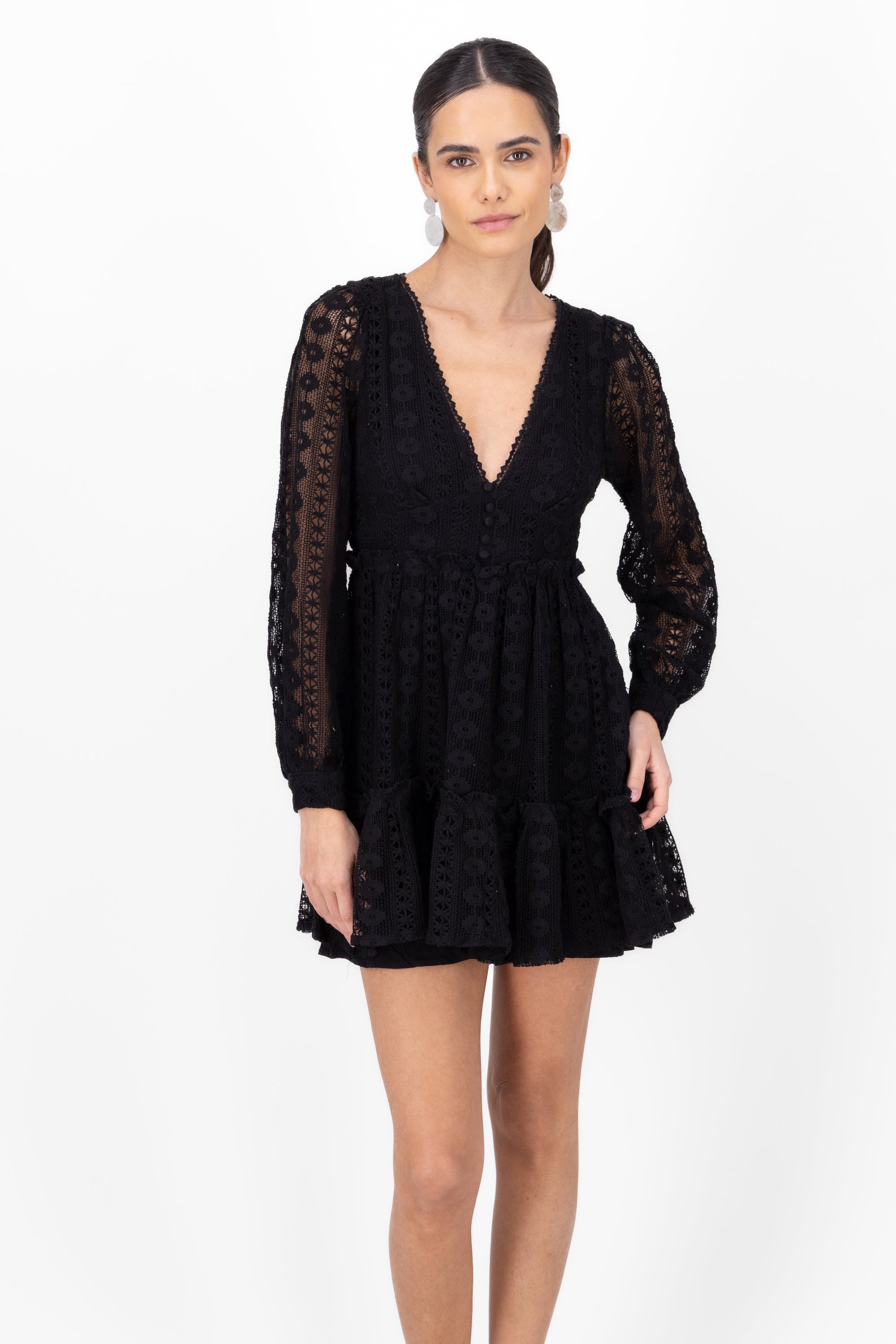 Crochet dress with mini waves long sleeve BLACK