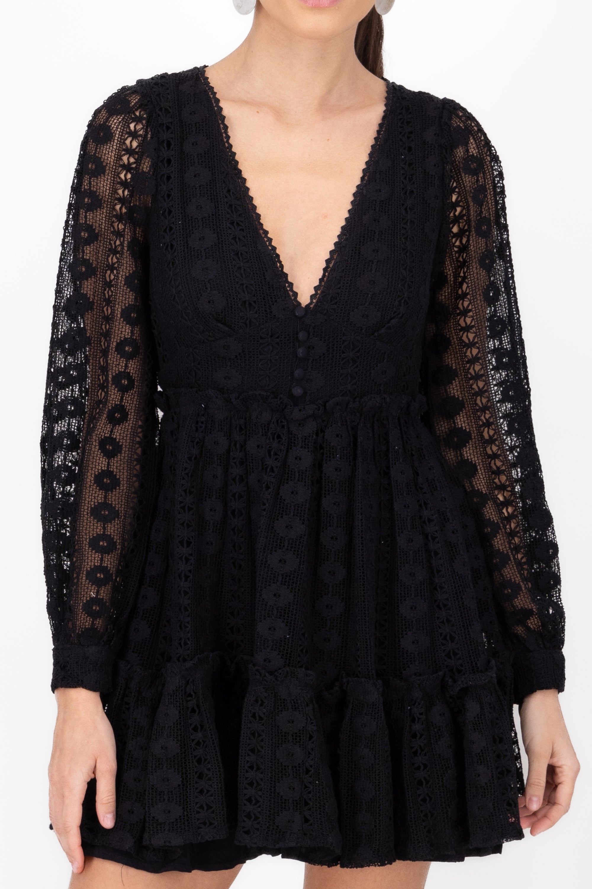 Crochet dress with mini waves long sleeve BLACK