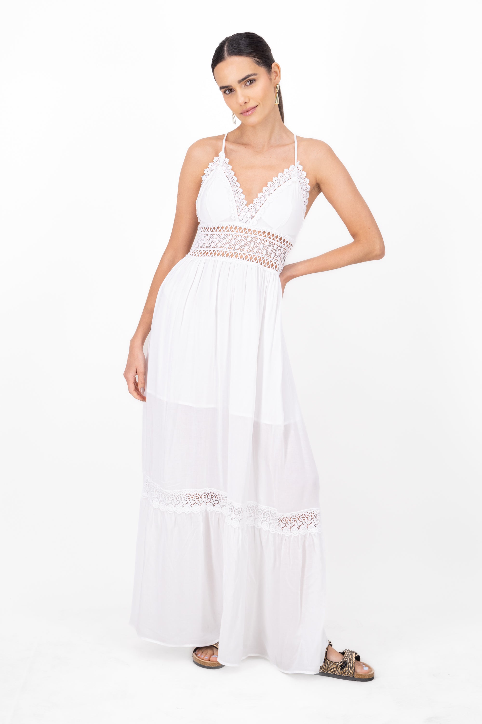 Maxi Dress Straps Crochet Detail WHITE