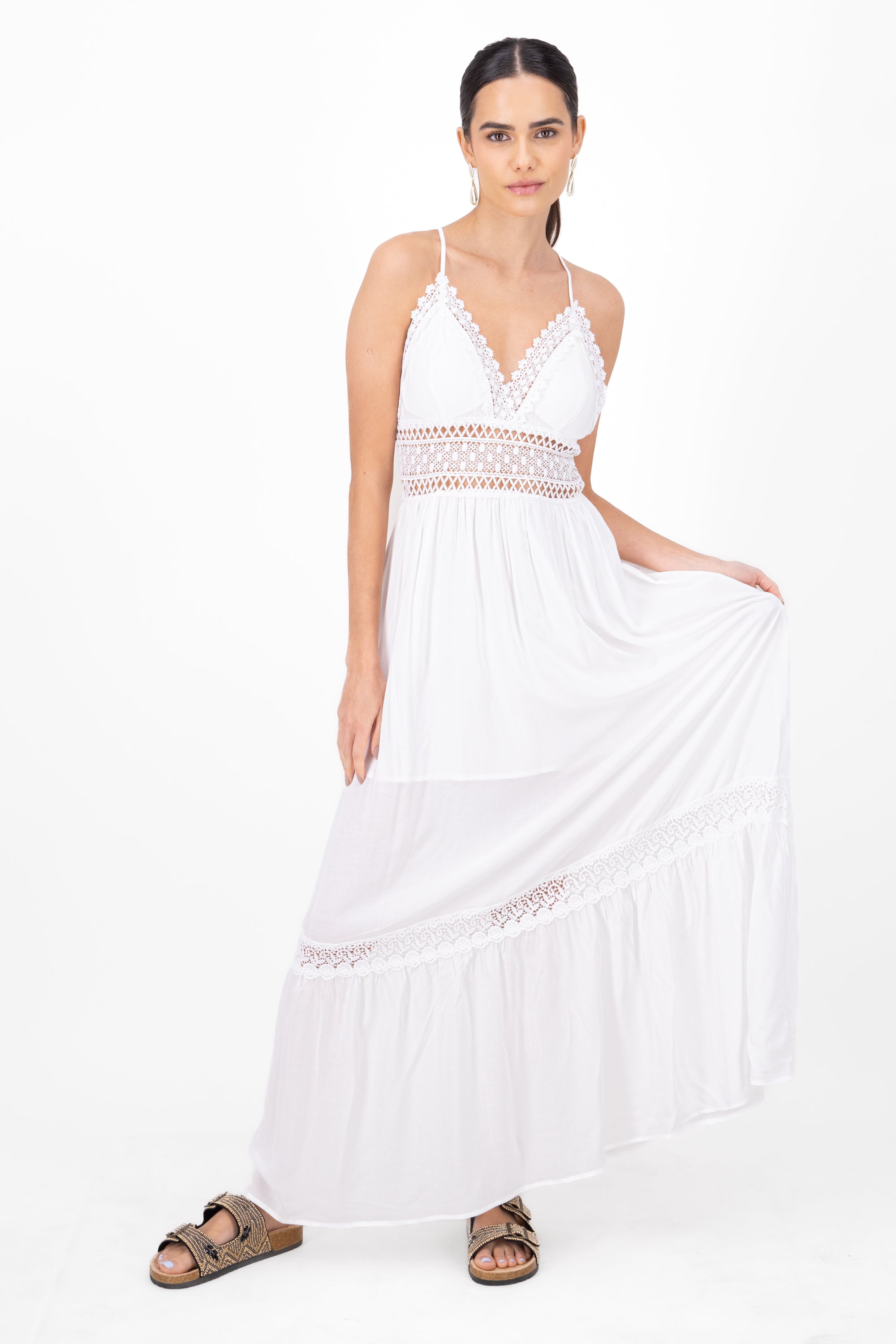 Maxi Dress Straps Crochet Detail WHITE