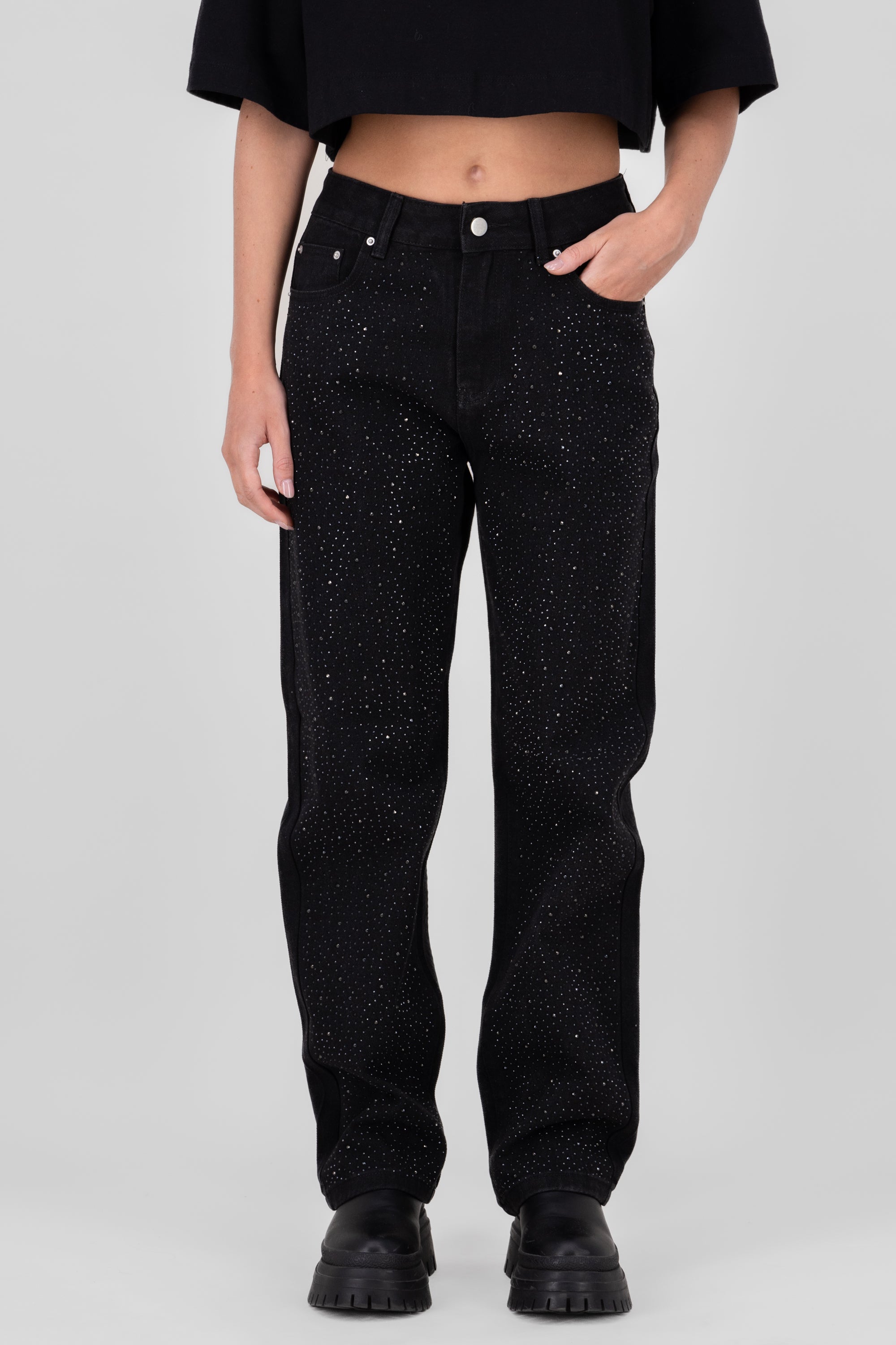 Straight Rhinestones jeans BLACK