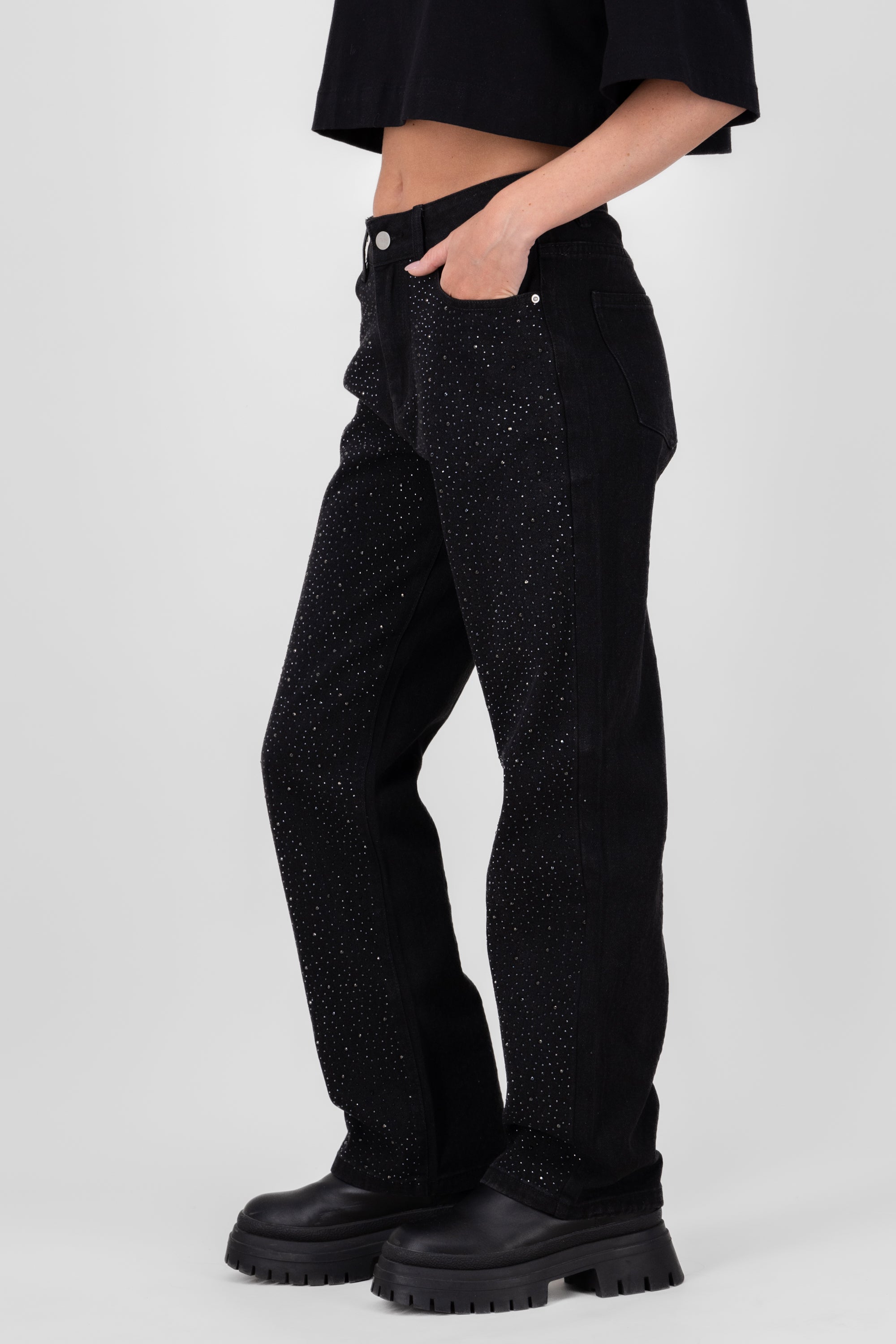 Straight Rhinestones jeans BLACK