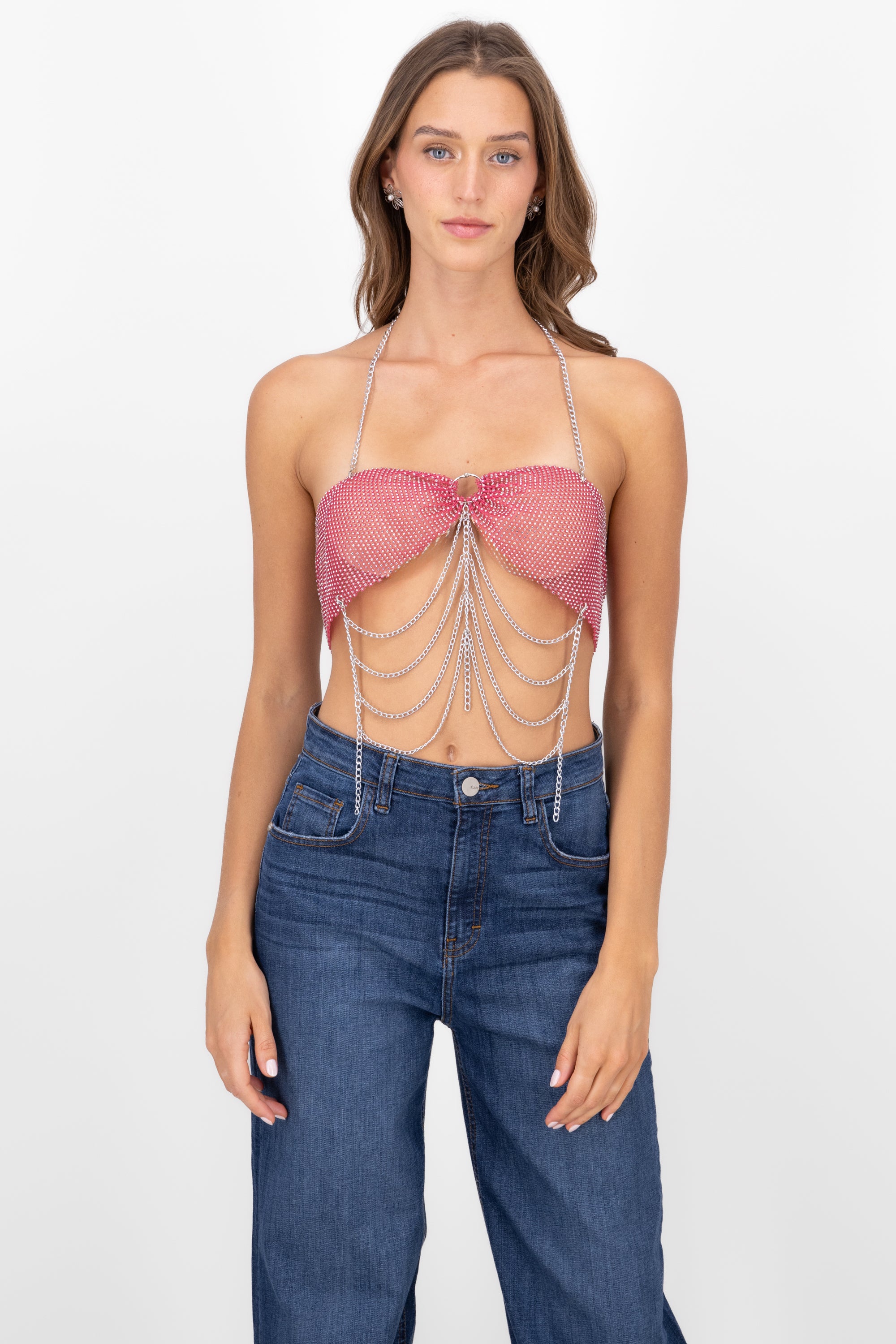 Top Halter Brillos Detalle Cadenas ROSA