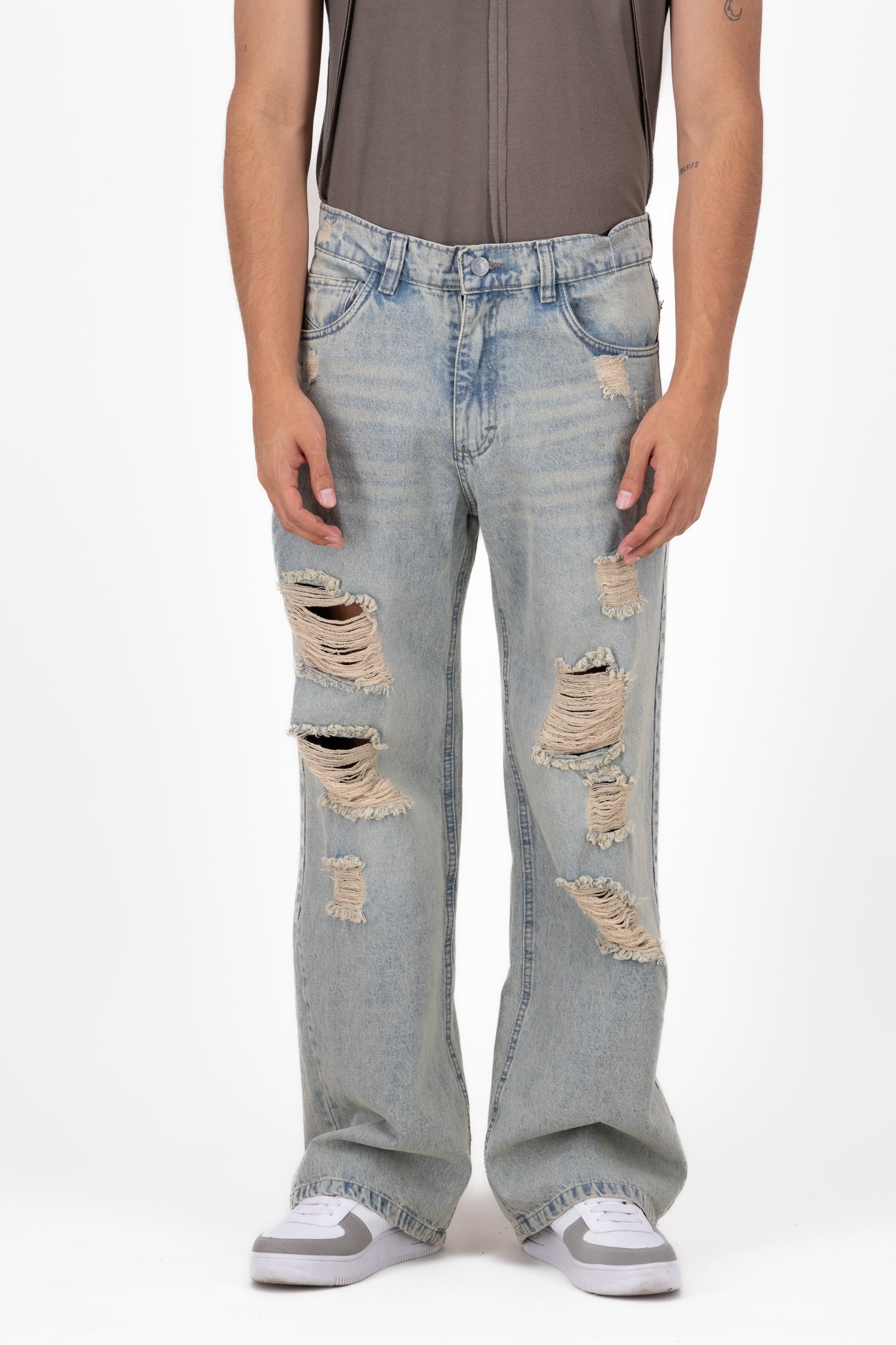 Straight Jeans Detail Destruction Stone