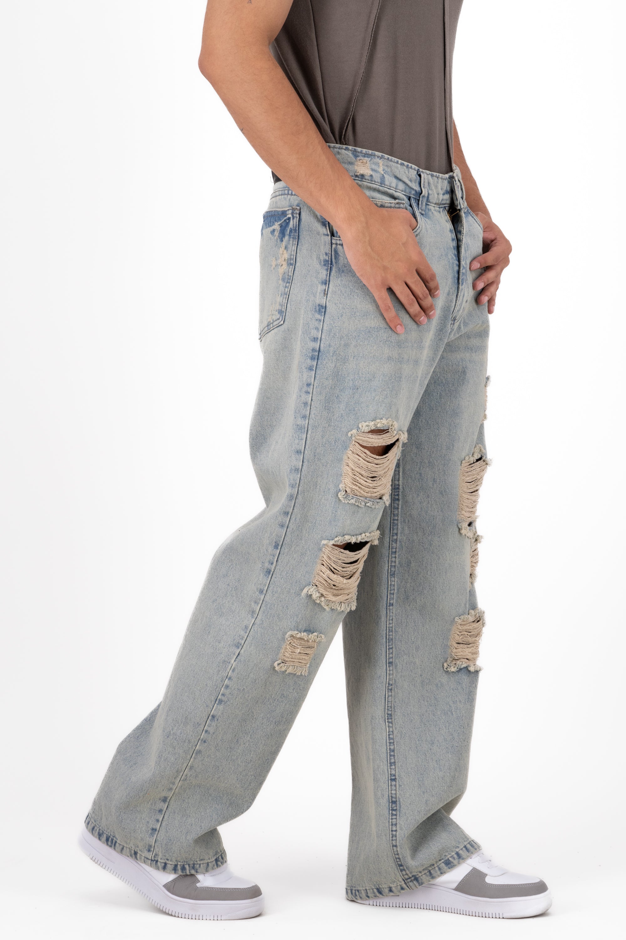 Straight Jeans Detail Destruction Stone