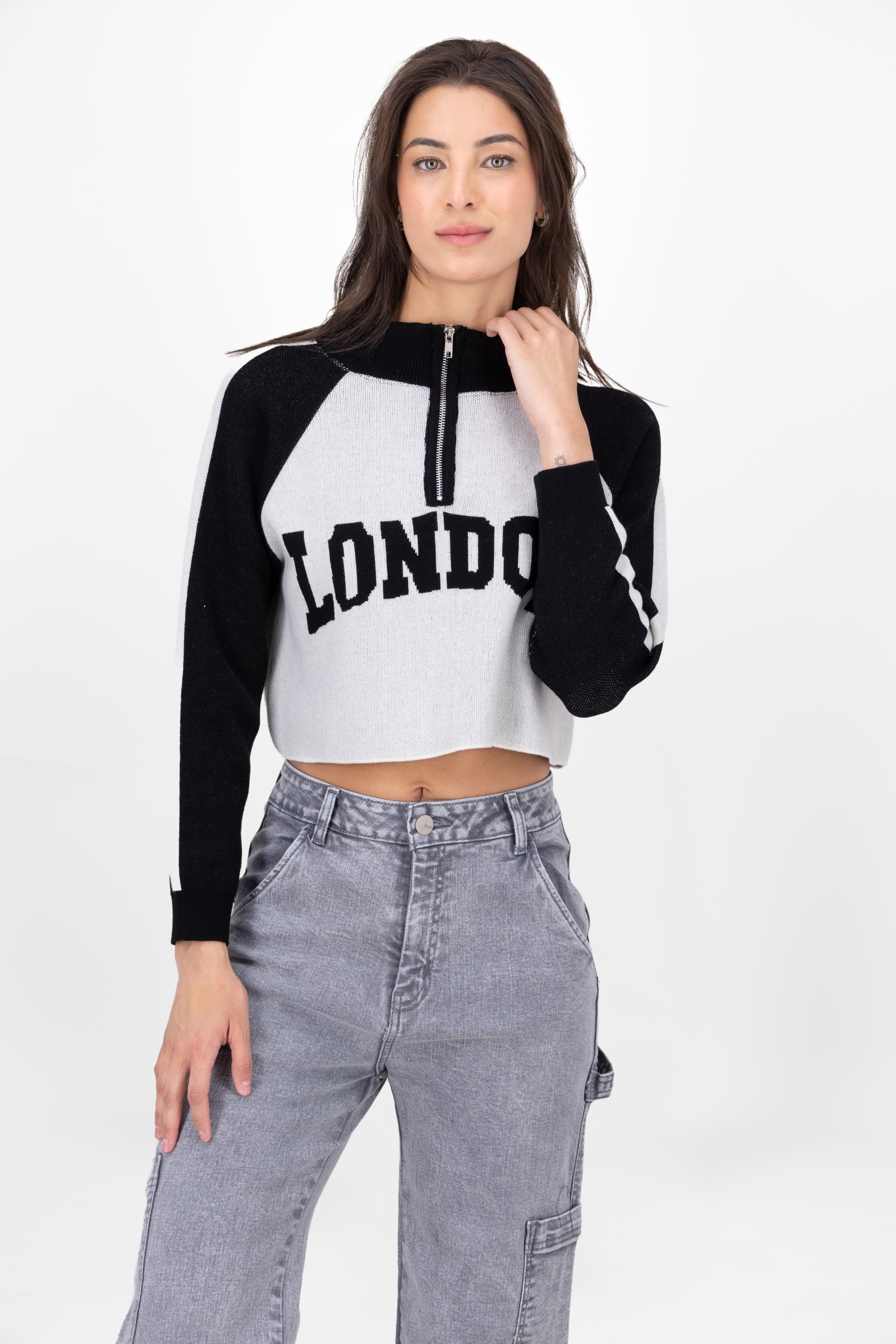 Sueter London Crop Manga Larga NEGRO COMBO